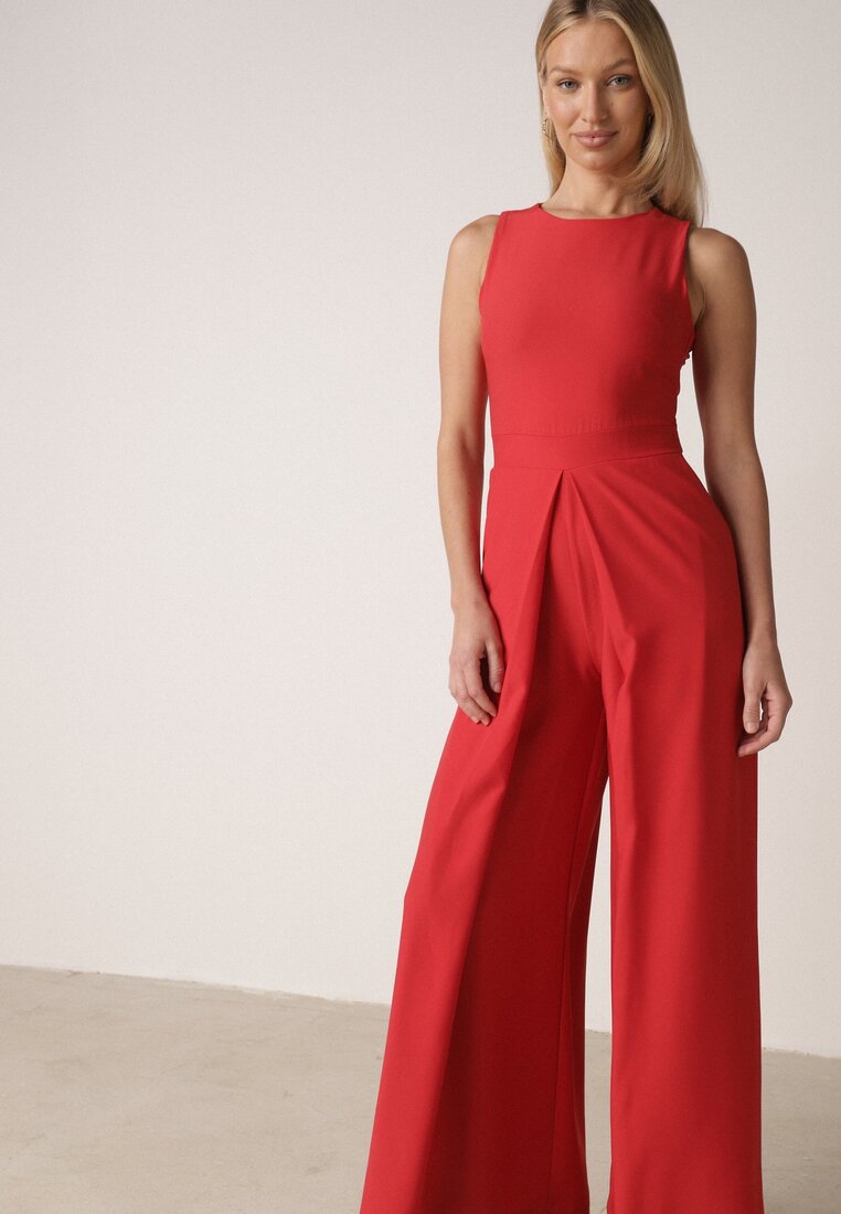 Salopetă Elegantă Roșie cu Pliuri Decorative Zellysha