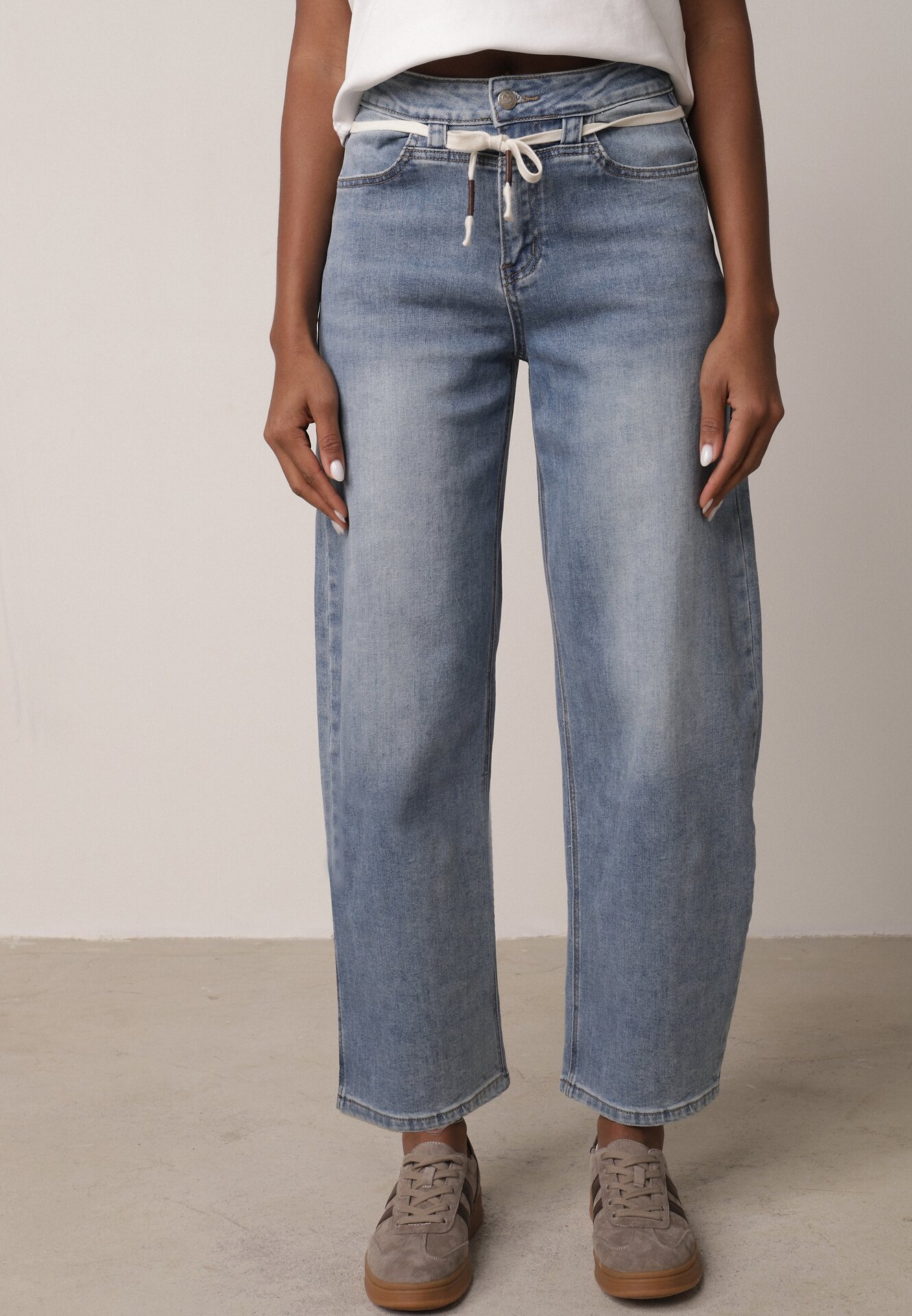 Blugi Albaștri Balloon cu Talie Normală și Legătură Decorativă Rislyn