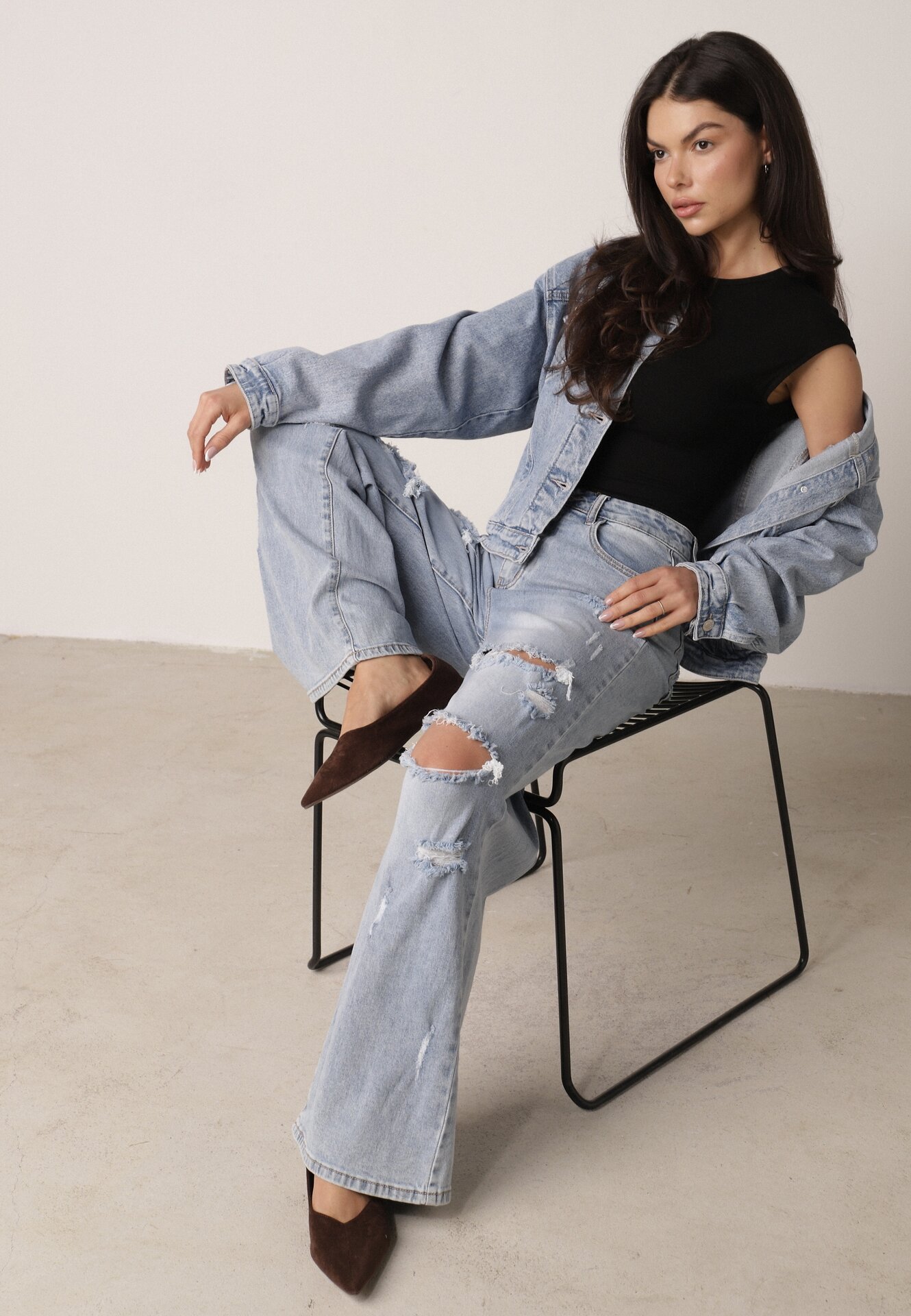 Blugi Largi Albaștri cu Talie Înaltă cu Rupturi și Găuri Brizeth