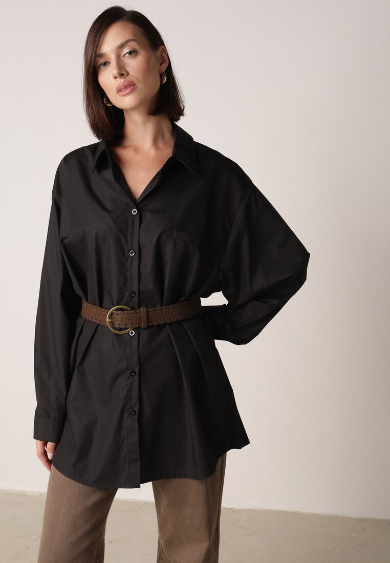 Cămașă Lungă Neagră Oversize din Bumbac și Viscoză cu Curea cu Cataramă Thessalonike