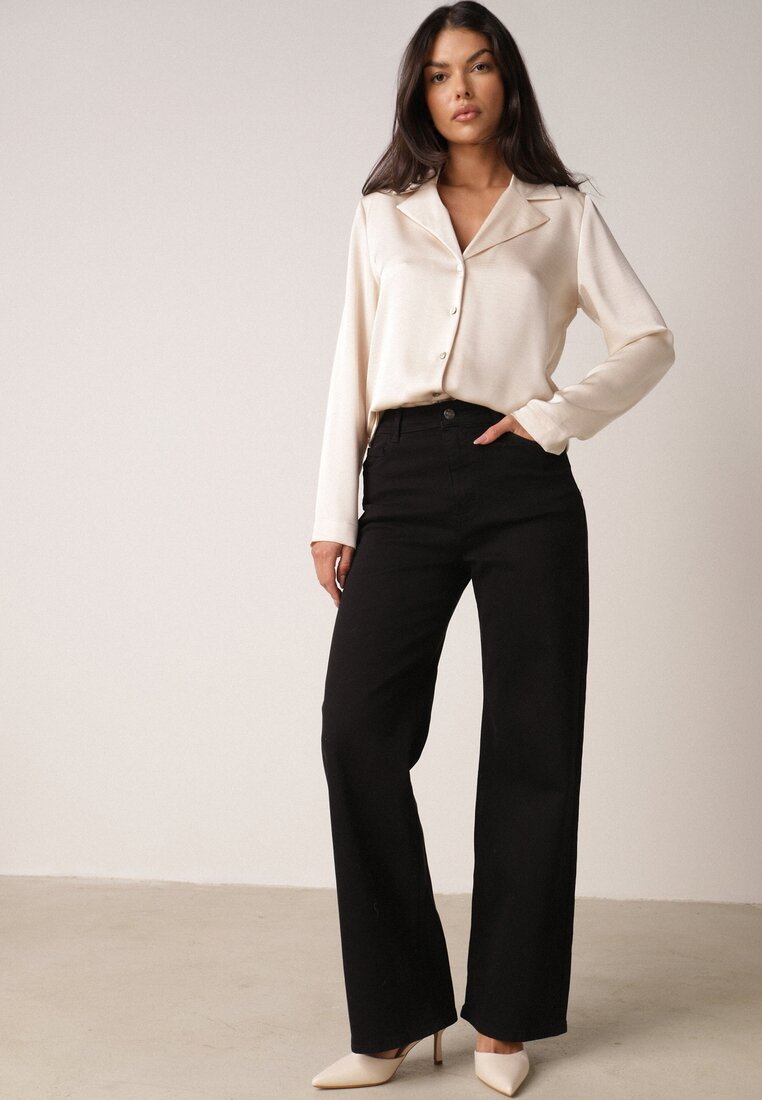 Pantaloni negri de Bumbac Wide Leg cu Talie Înaltă Genime