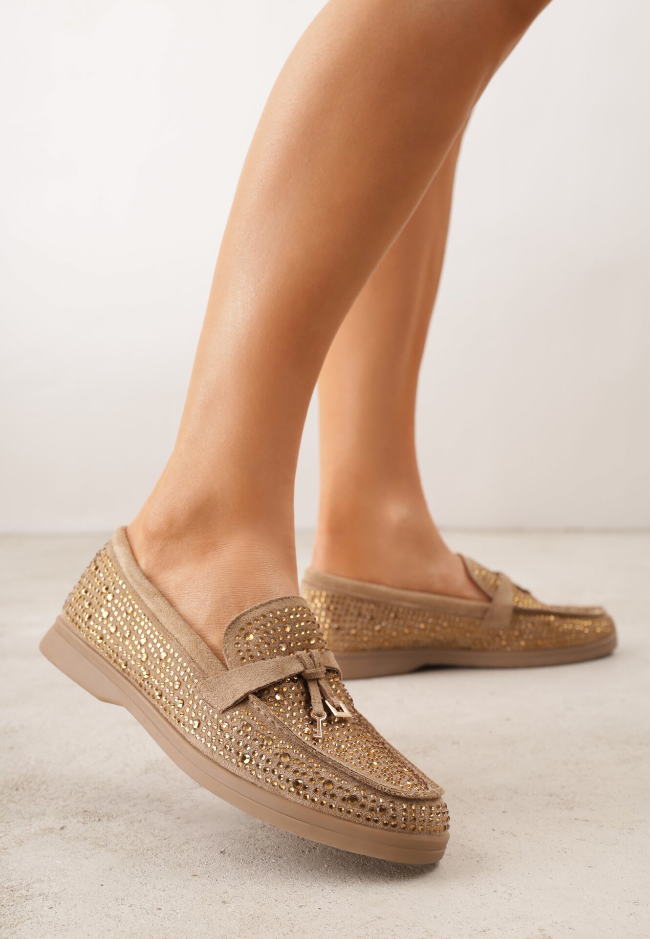 Mocassini Bej închis decorate cu zirconii și aplicații Isirsyss