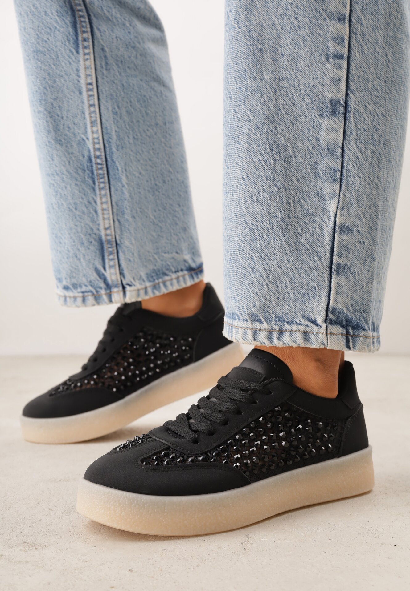 Sneakers Negre pe Talpă Groasă Decorați cu Zirconii Orinrya