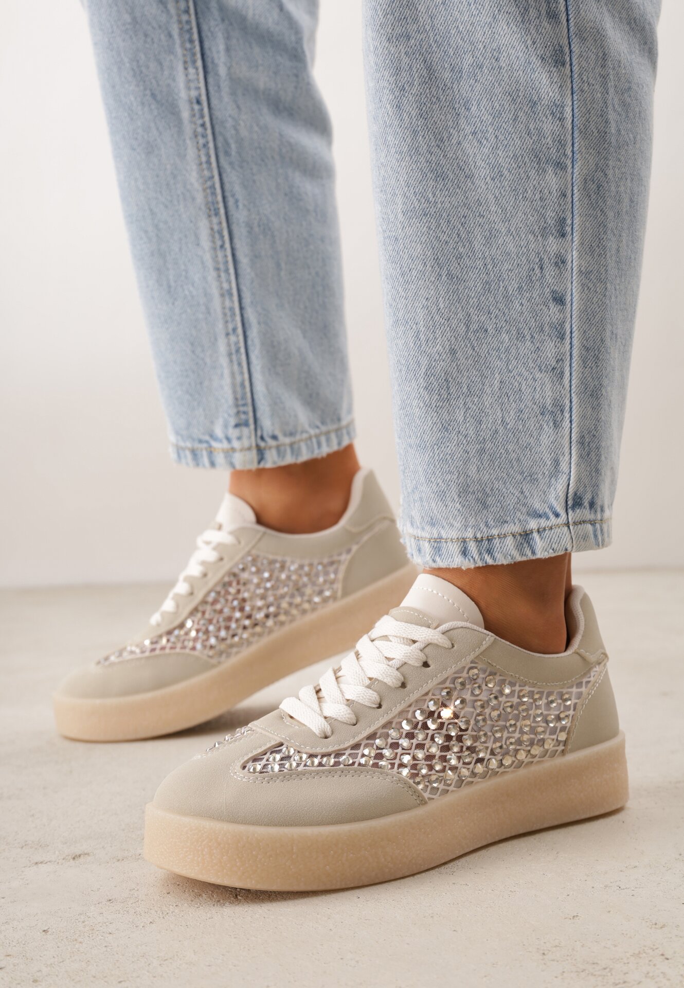 Adidași Bej cu Talpă Groasă Decorați cu Zirconii Orinrya