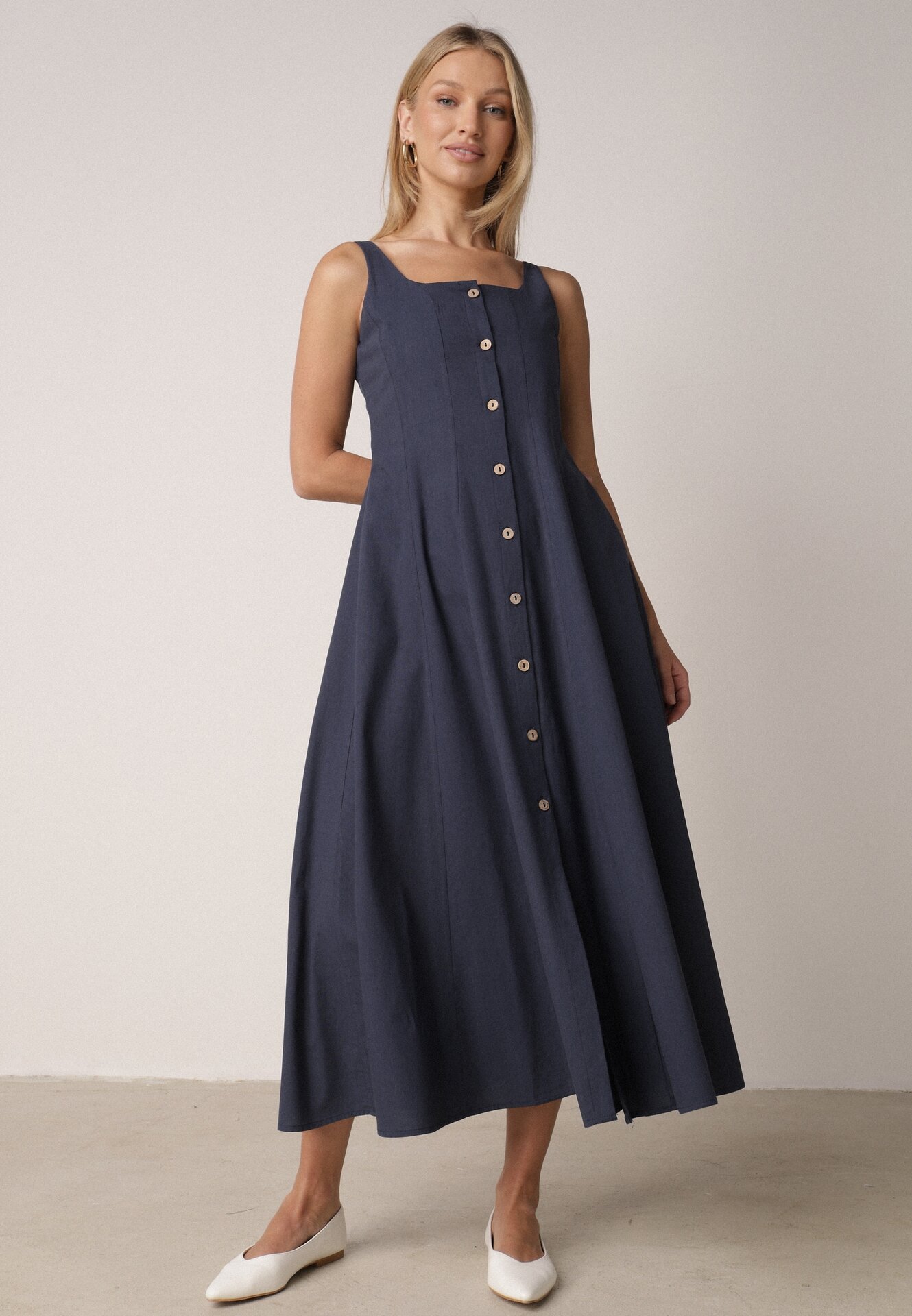 Rochie Evazată Bleumarin cu bumbac, vâscoză și nasturi Appeia