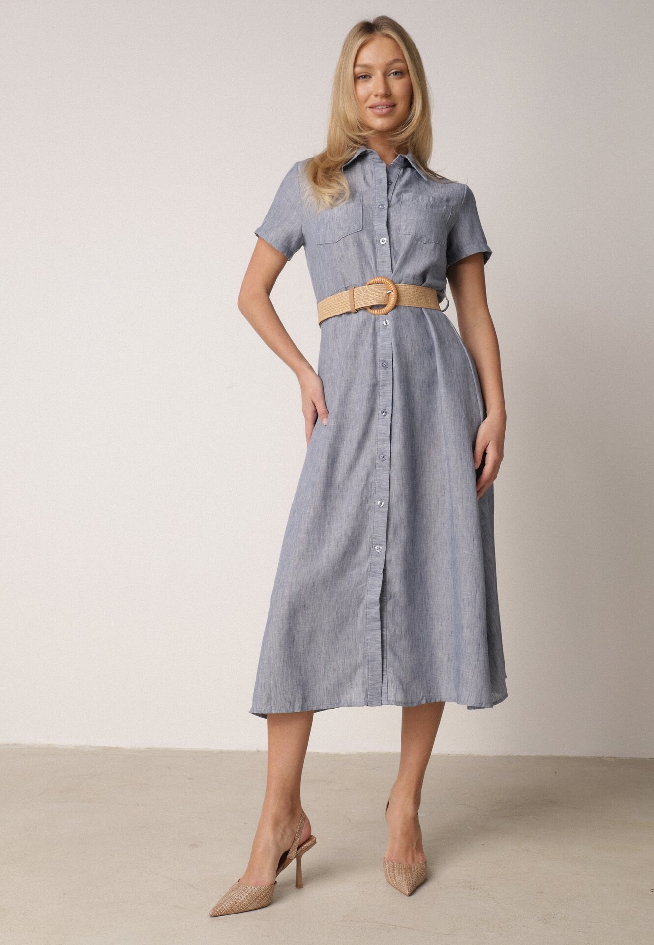 Rochie Cămașă Albastră cu Mânecă Scurtă și Cureaua cu Cataramă Orethea