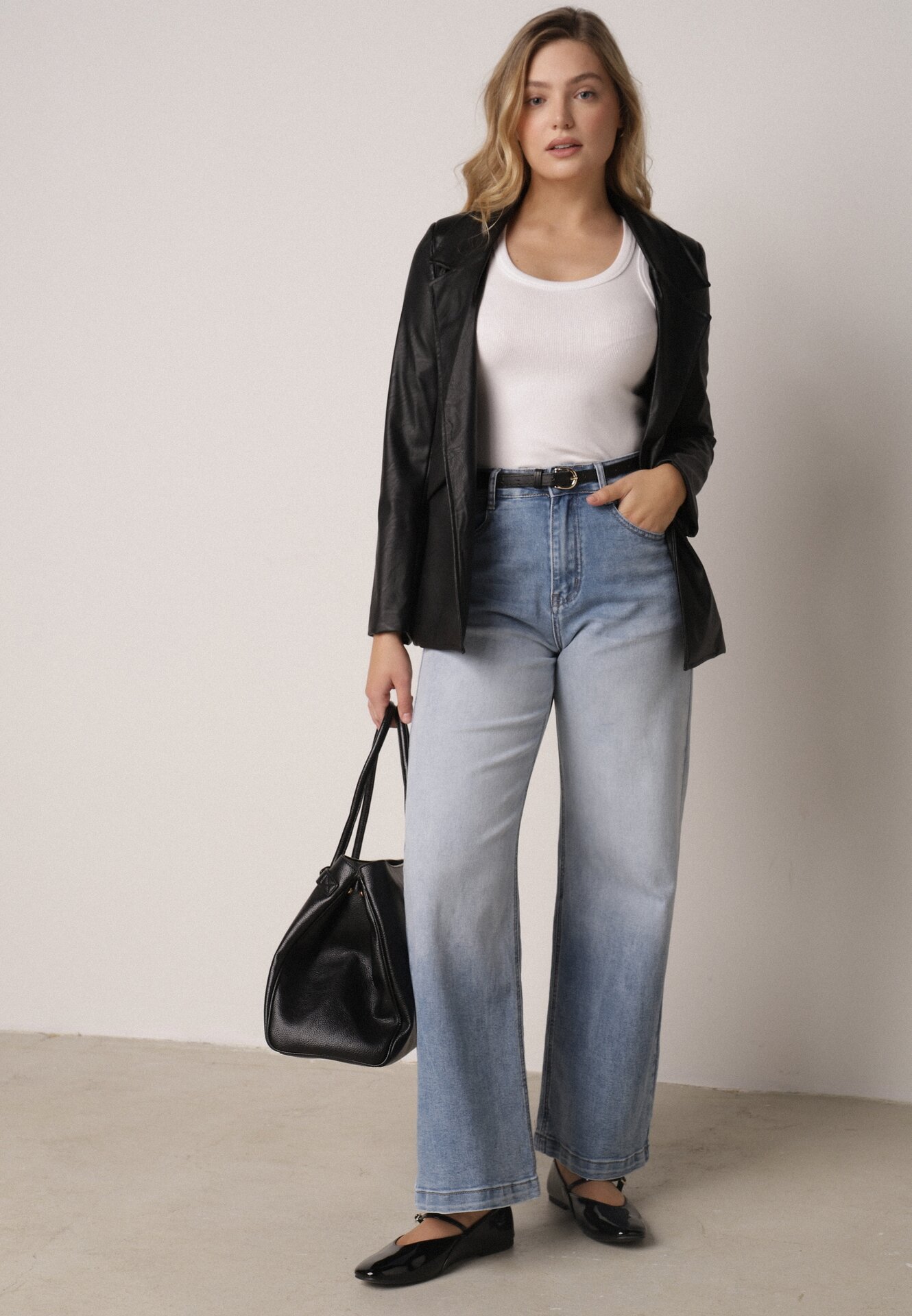 Blugi Albaștri Largi cu Bumbac și Talie Înaltă cu Efect de Gradient Canine