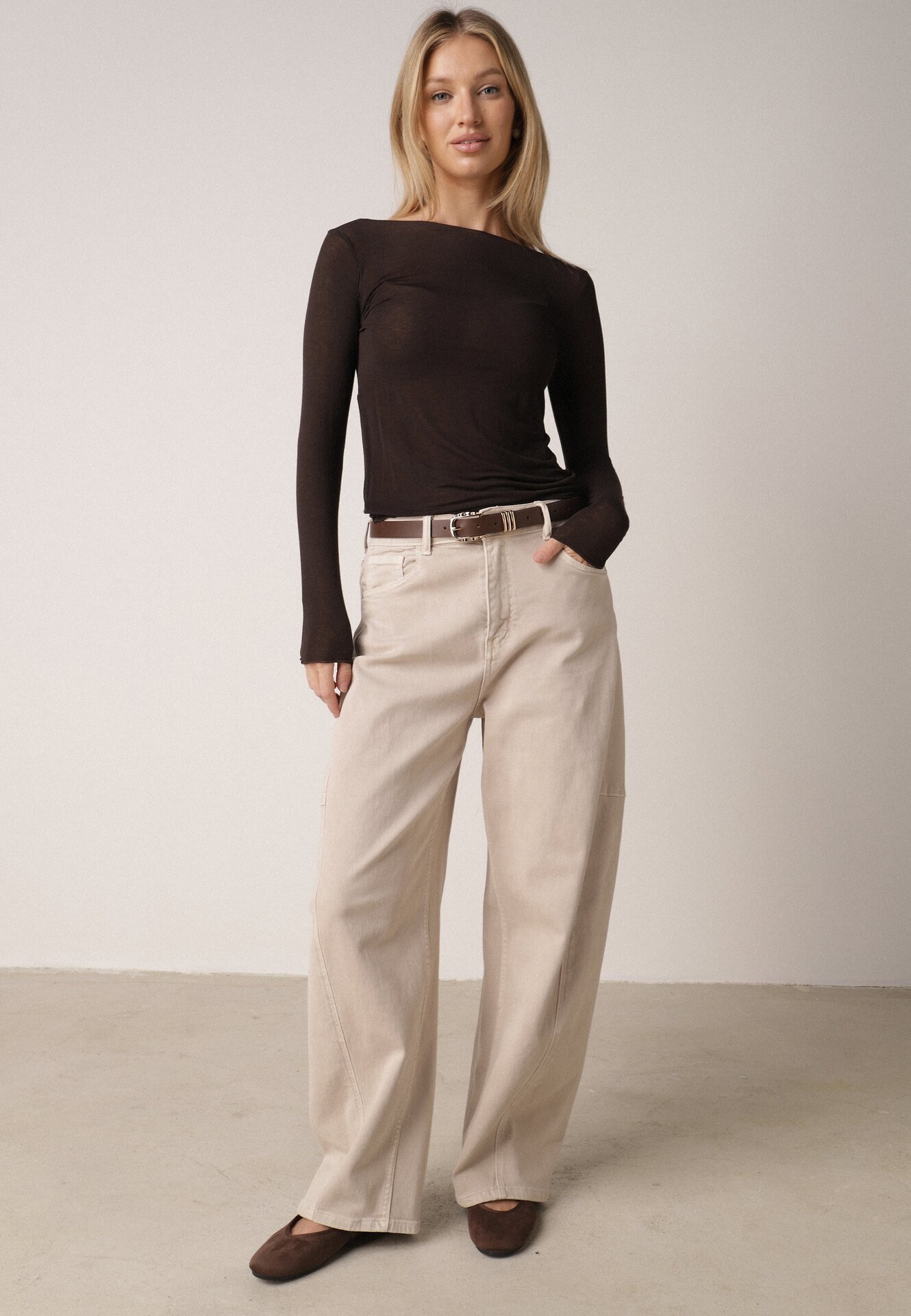 Blugi Bej Din Bumbac croială Balloon cu Talie Înaltă și Cusături Katameia