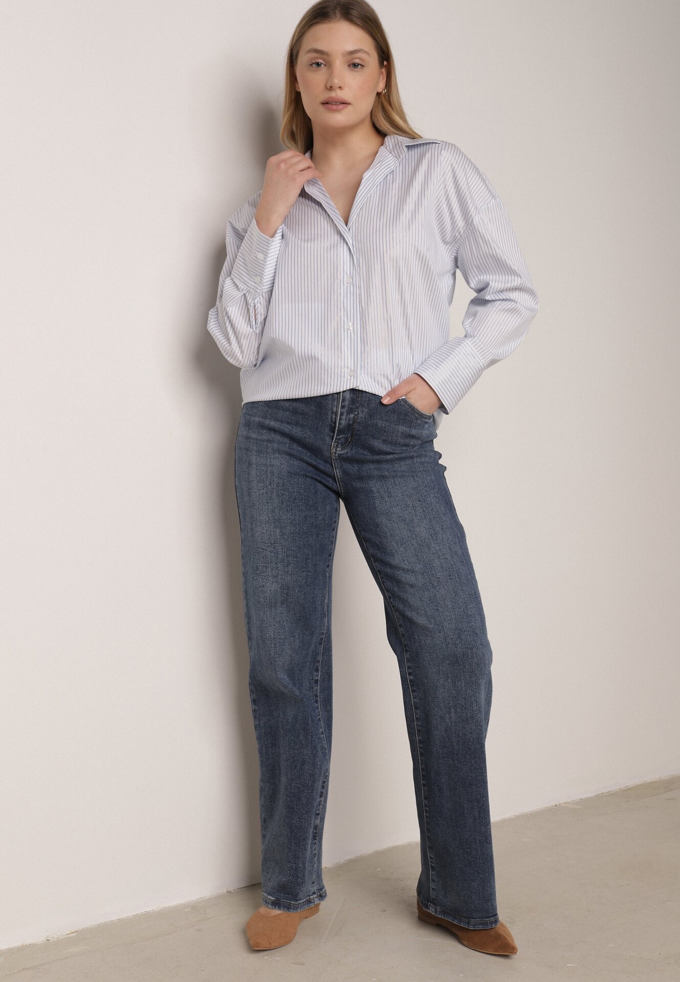 Jeans Albaștri cu Talie Înaltă și Picioare Largi Henivia