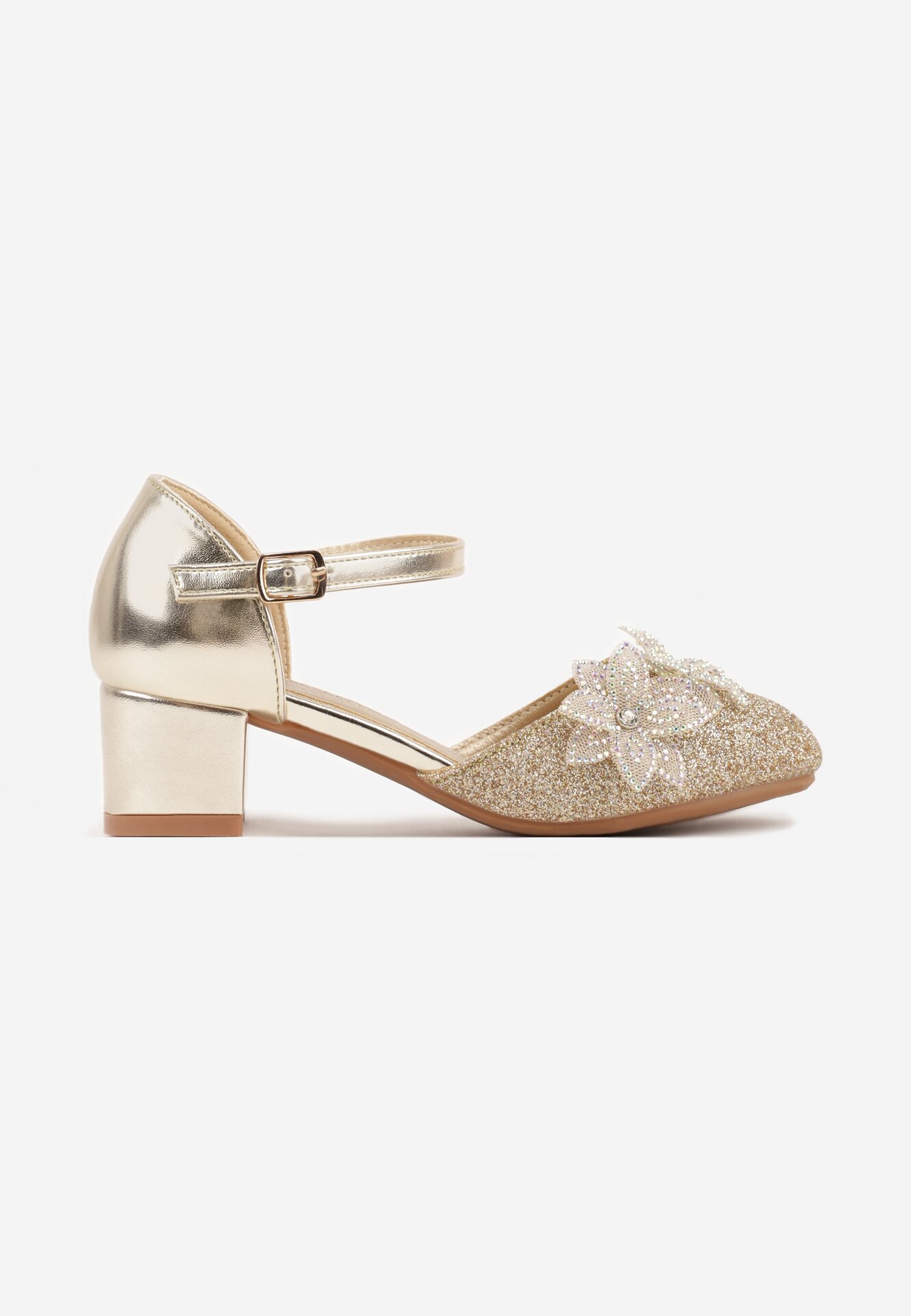 Sandale Pantoﬁ Elegante Aurii cu Toc Gros cu Sclipici și Aplicație Florală Maennes