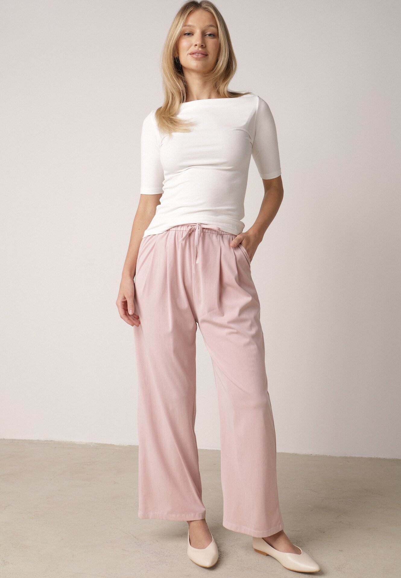 Pantaloni Largi Roz din bumbac și viscoză cu elastic în talie și șnur Iridara