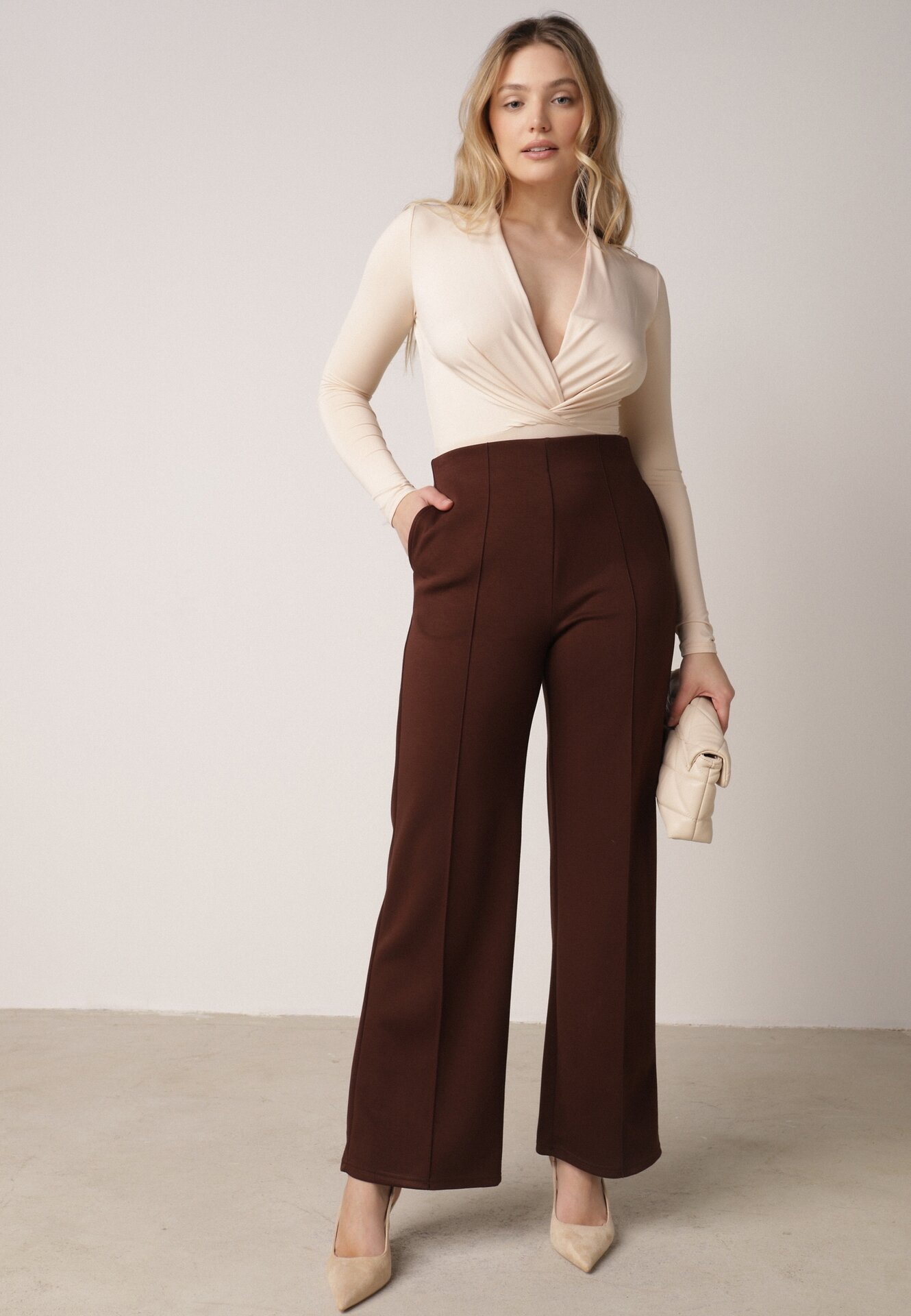 Pantaloni Maro Elegante din Bumbac și Viscoză cu dungă Valelia