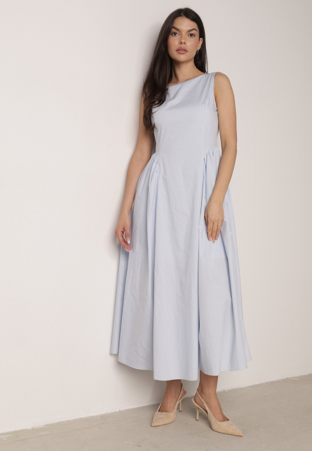 Rochie Albastru Deschis de Bumbac cu Fason Evazat, cu Decolteu Bărcuță și Buzunare Elenira