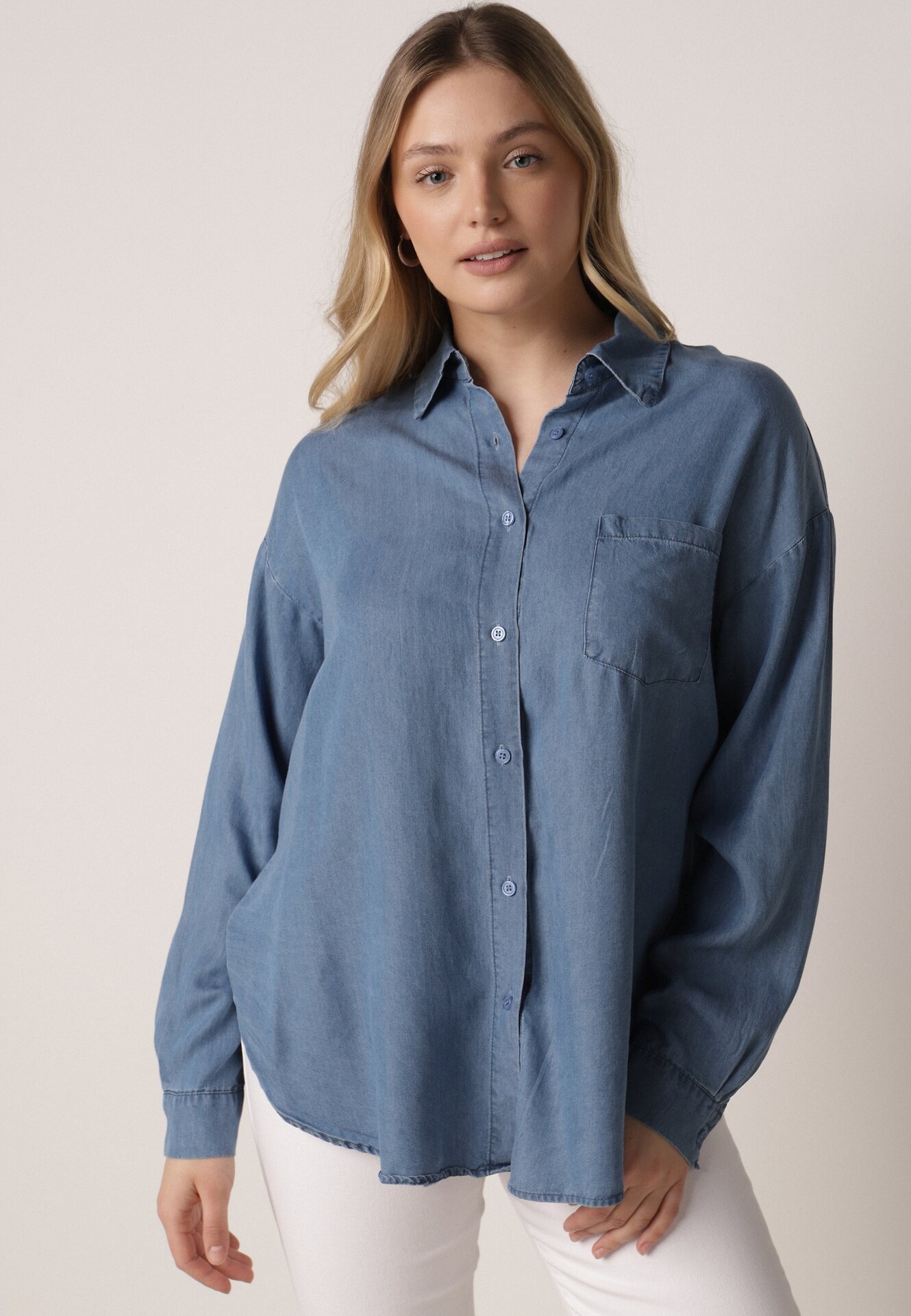 Cămașă Albastră de blugi cu bumbac Decorată cu buzunar Koreti