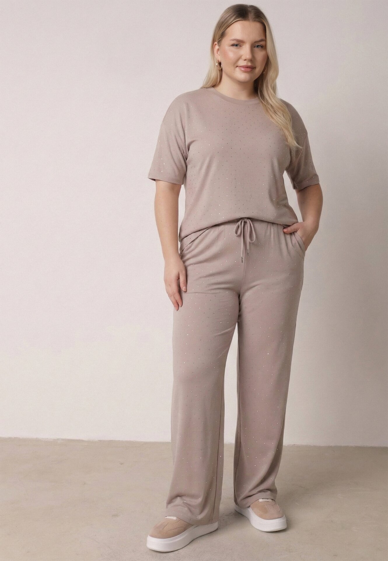 Compleu Bej Din Bumbac Oversize Tricou și Pantaloni Azilane
