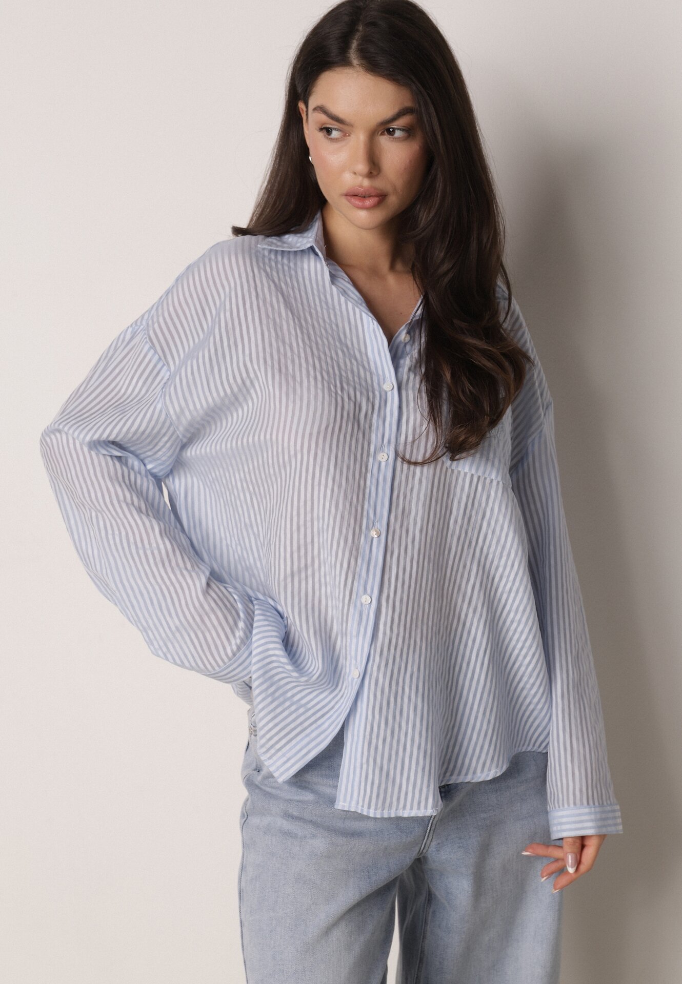 Cămașă Albastră oversize din Tencel în dungi decorată cu broderie Tidine