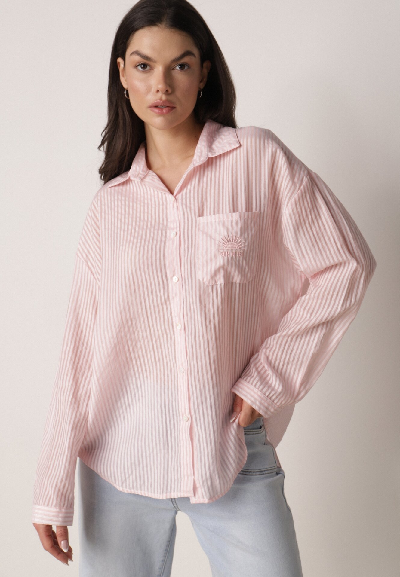 Cămașă Roz Croială oversize din Tencel în dungi Decorată cu broderie Tidine