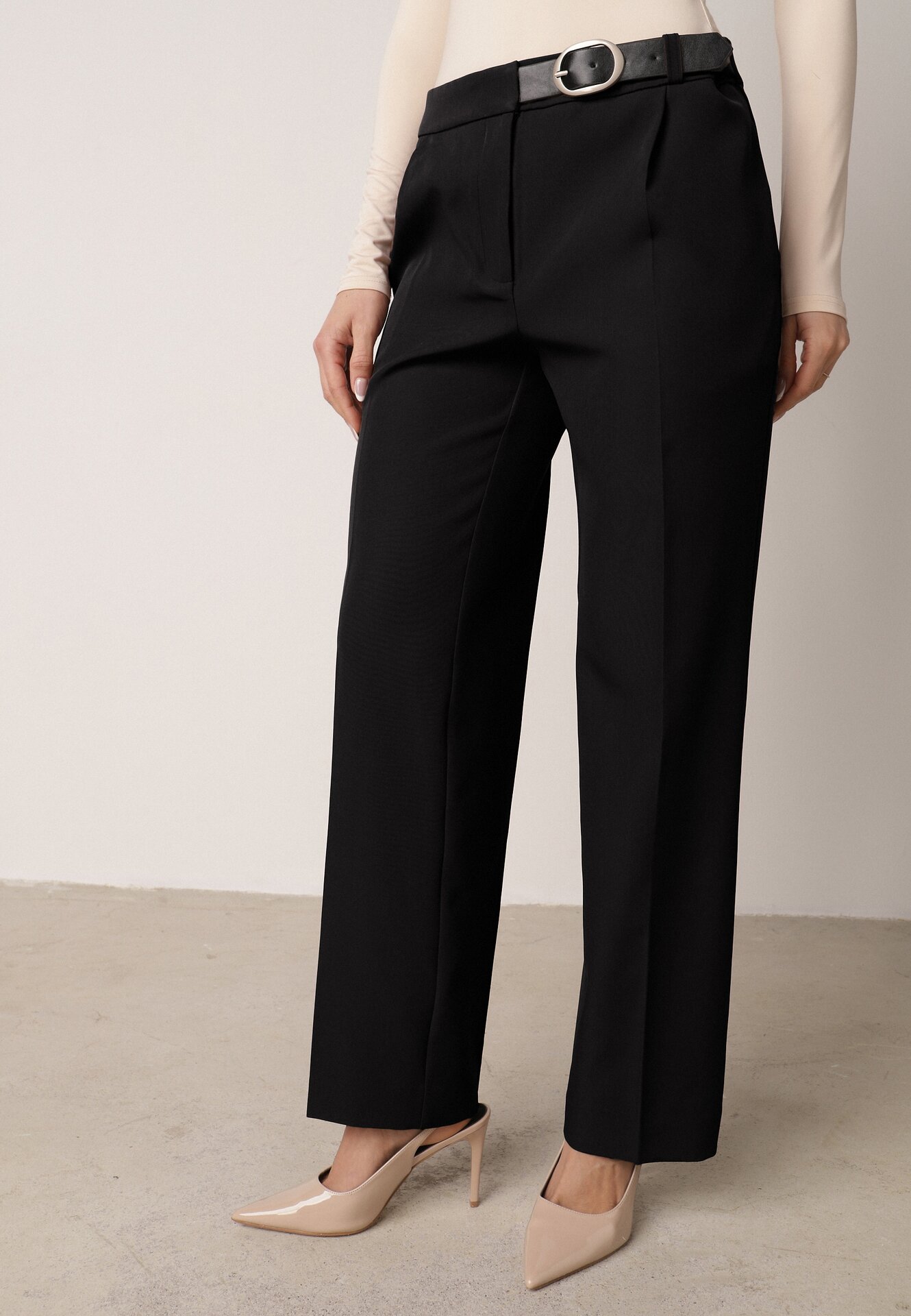 Pantaloni Eleganti Negri VICES cu dungă cu centură cusută cu cataramă Azivore