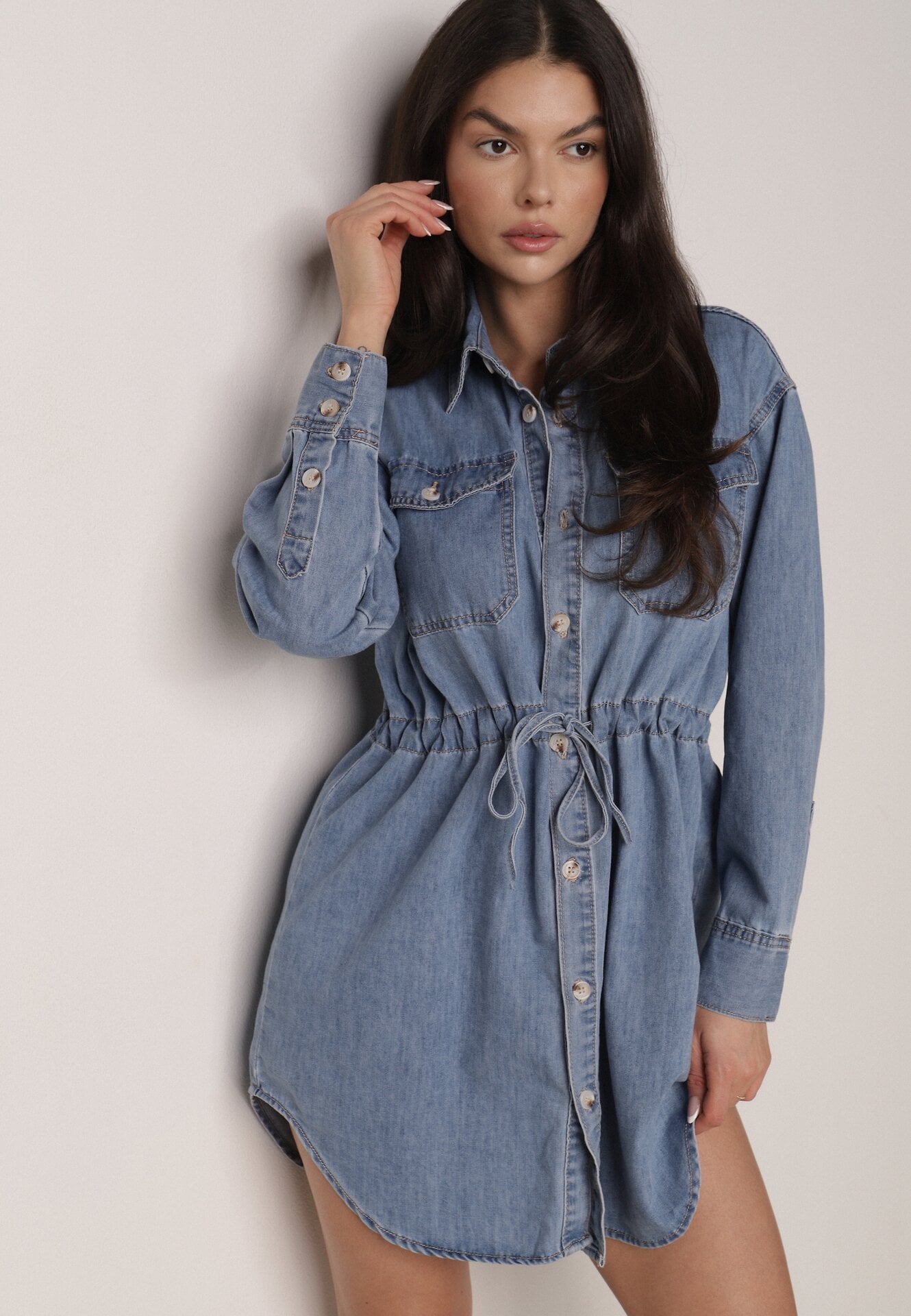 Rochie tip cămașă Albastră Din denim Cu volane și nasturi Dorinatta