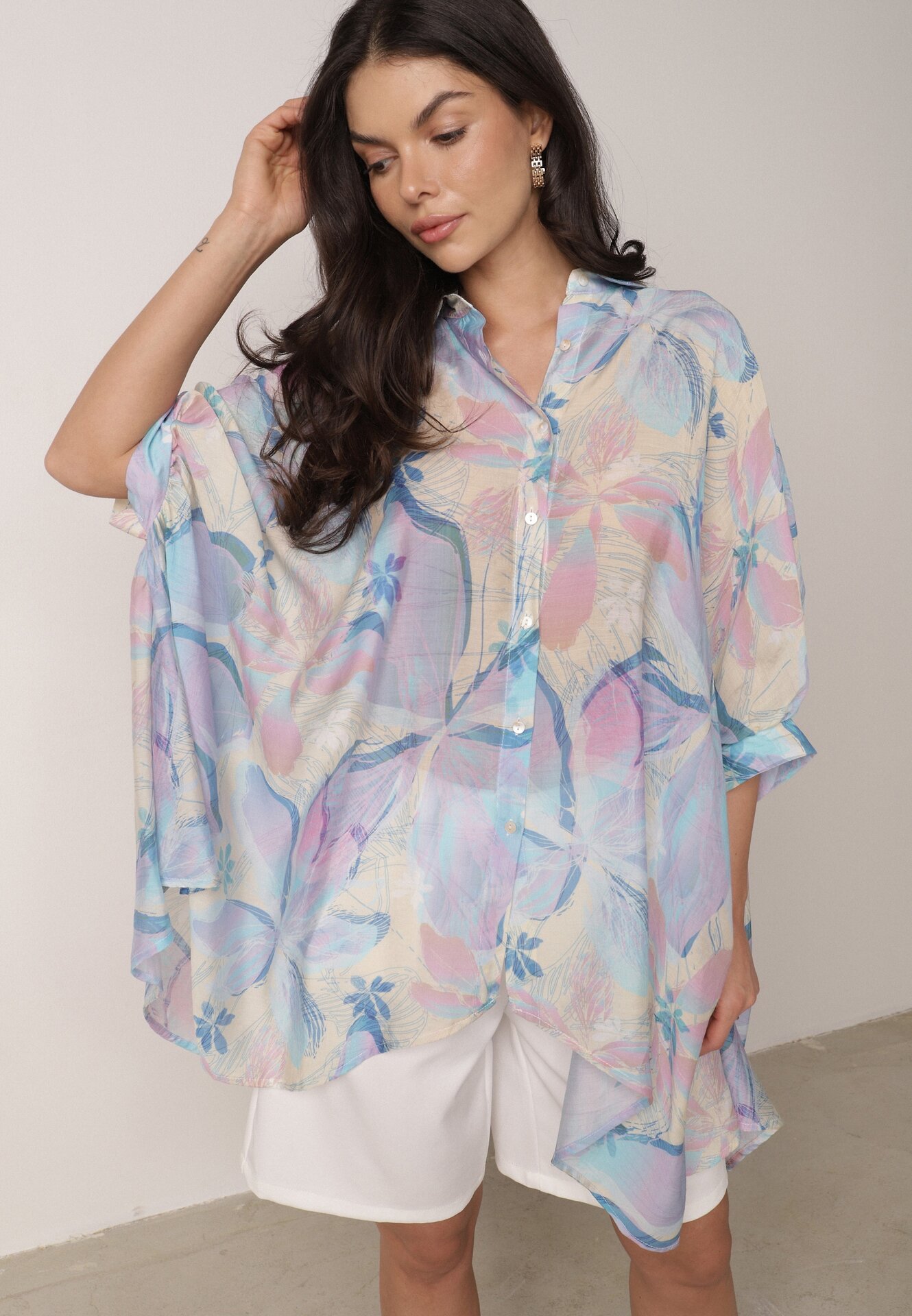 Cămașă Albastră Supradimensionată din Bumbac cu croi tip liliac Nyletia