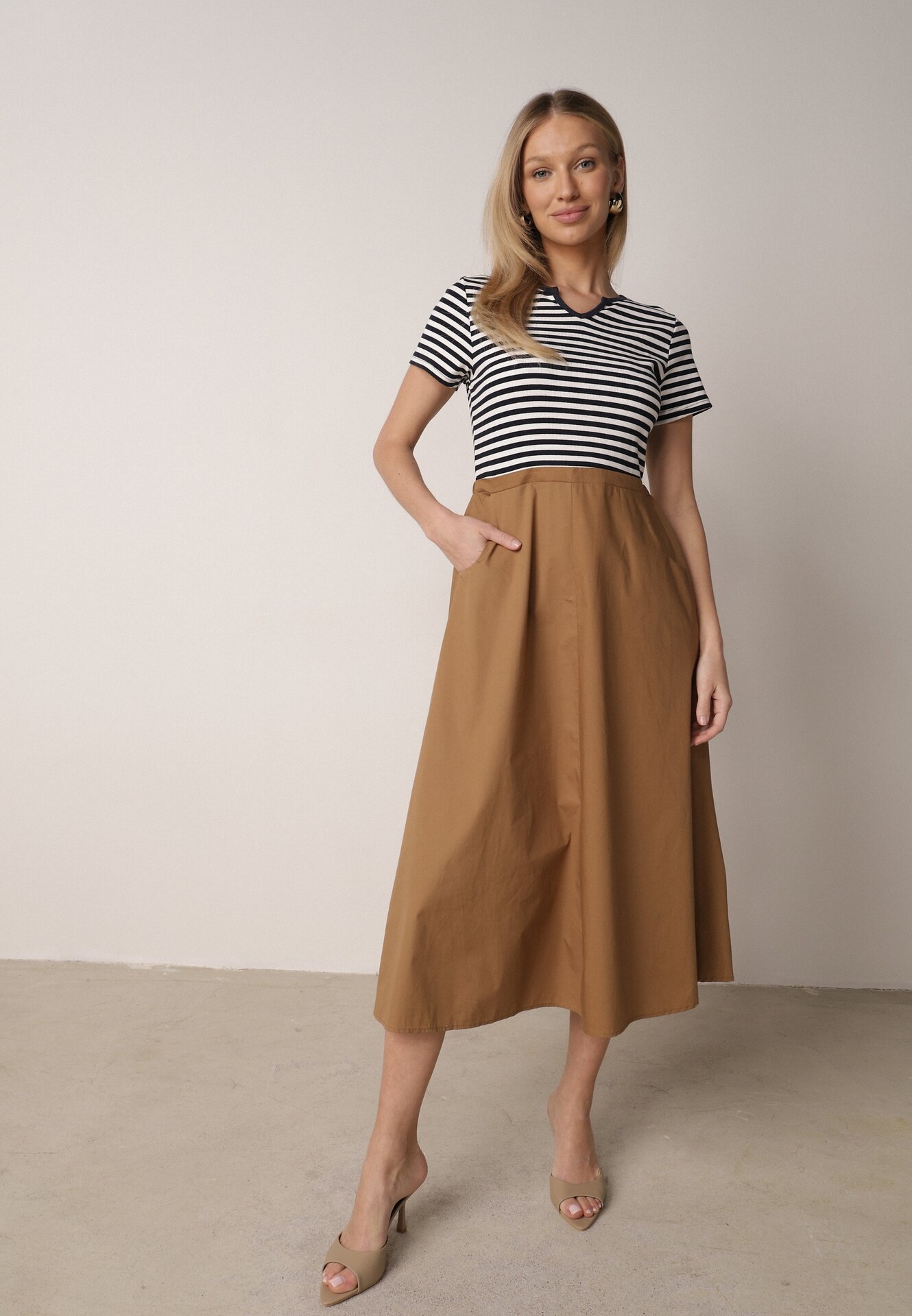 Rochie Cloș Albastră din Bumbac care imită Bluză în Dungi și Fustă Chathusa