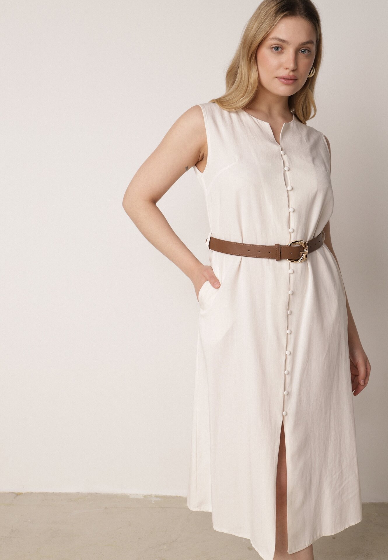 Rochie Bej din Bumbac și Vâscoză Decorată cu Curea Luven