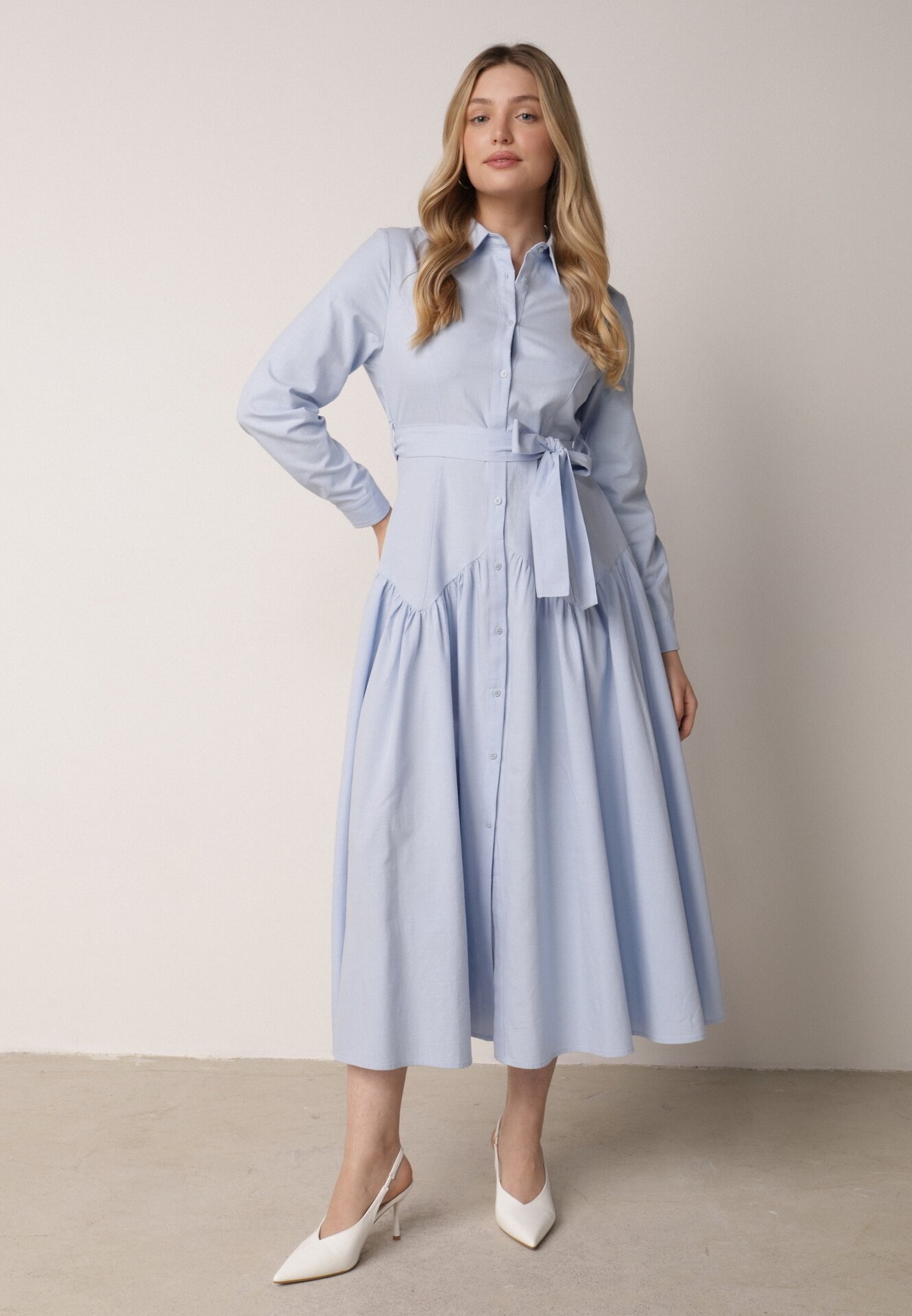 Rochie Cămașă Albastră din Bumbac și Viscoză cu curea Viviedah