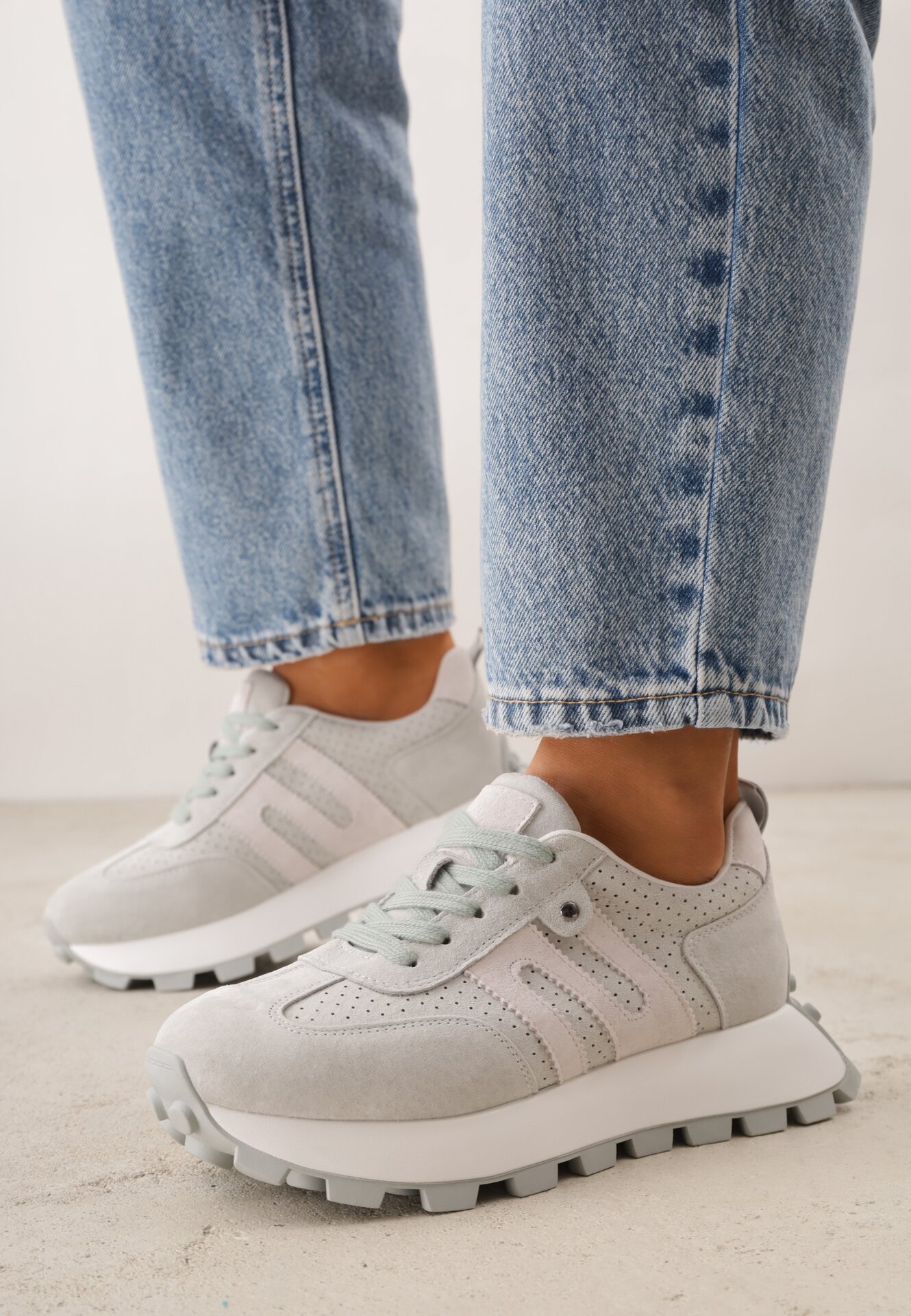 Adidași verde deschis din piele întoarsă cu talpă groasă cu model geometric Zitula