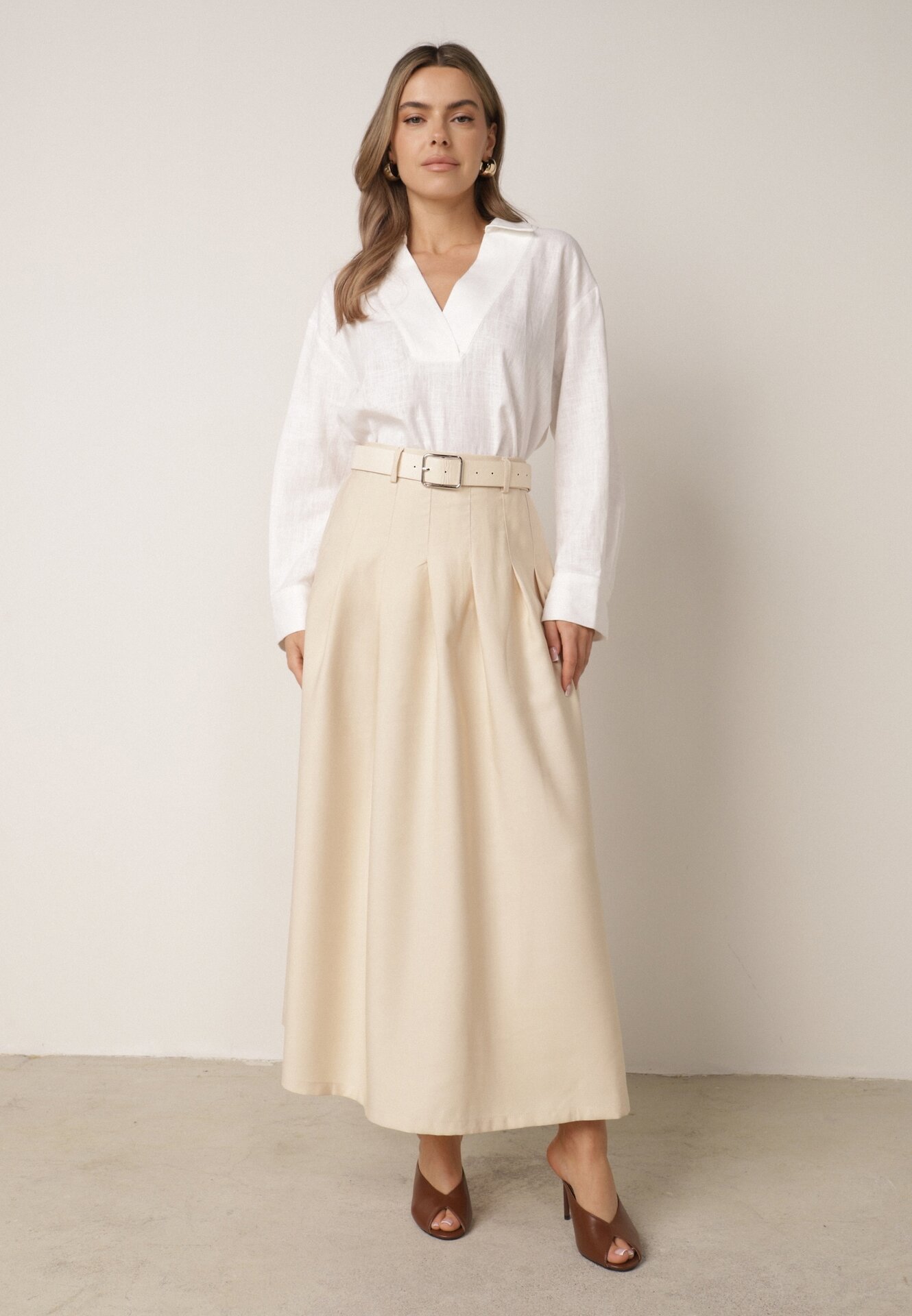 Fustă evazată din viscoză, decorată cu dungi Kapali Bej