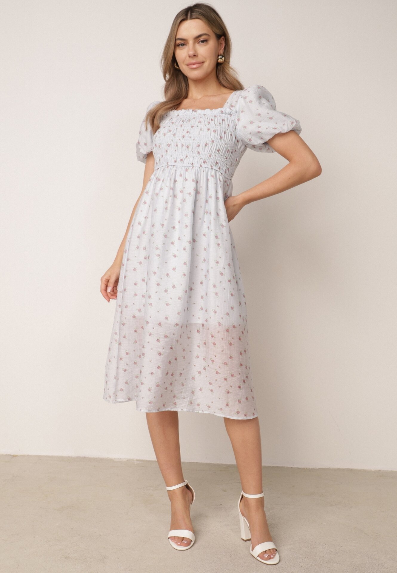 Rochie cu flori din Tencel, evazată, cu mâneci bufante Viviare Albastră