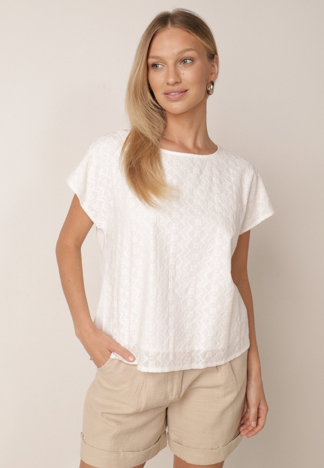 Bluză din Bumbac cu Croi Oversize, Decorată cu Broderie Adriatea Albă