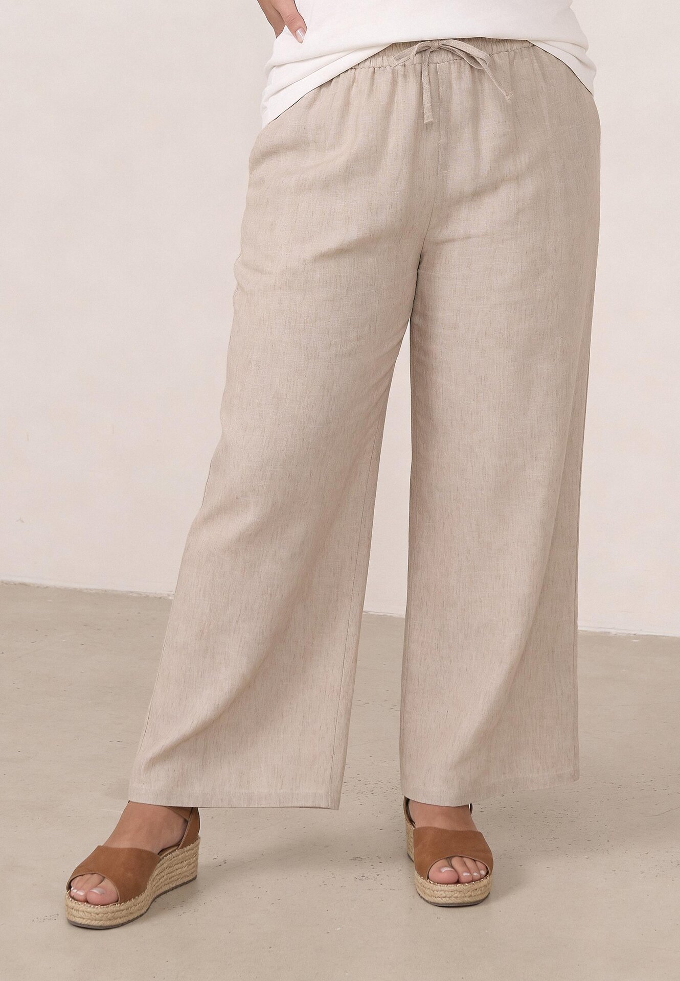 Pantaloni Casual Largi cu șnur și elastic în talie Caeena Bej