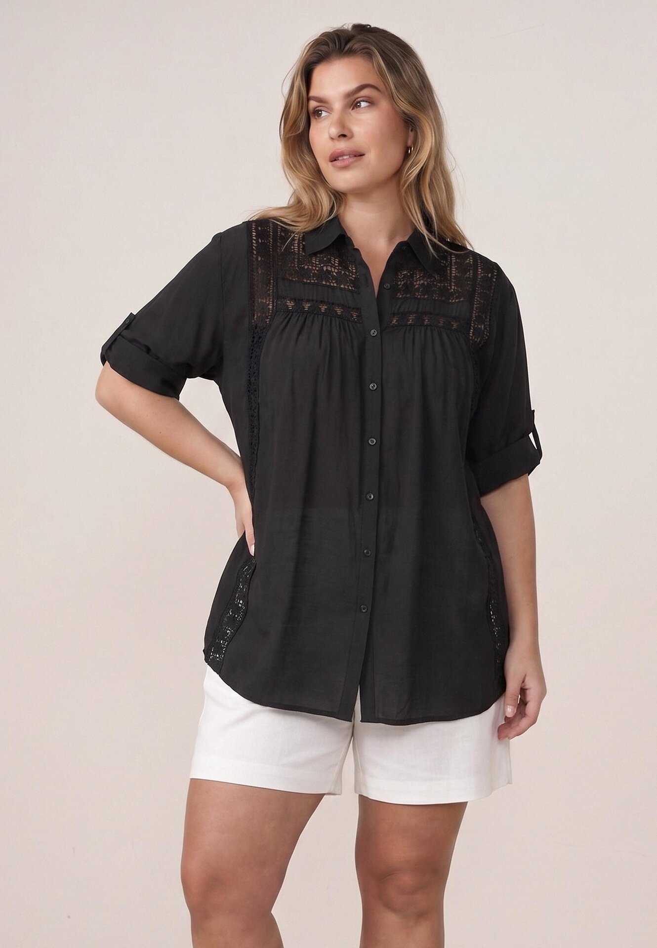 Cămașă din bumbac de vară în stil Boho, decorată cu dantelă Cinnamis Neagră