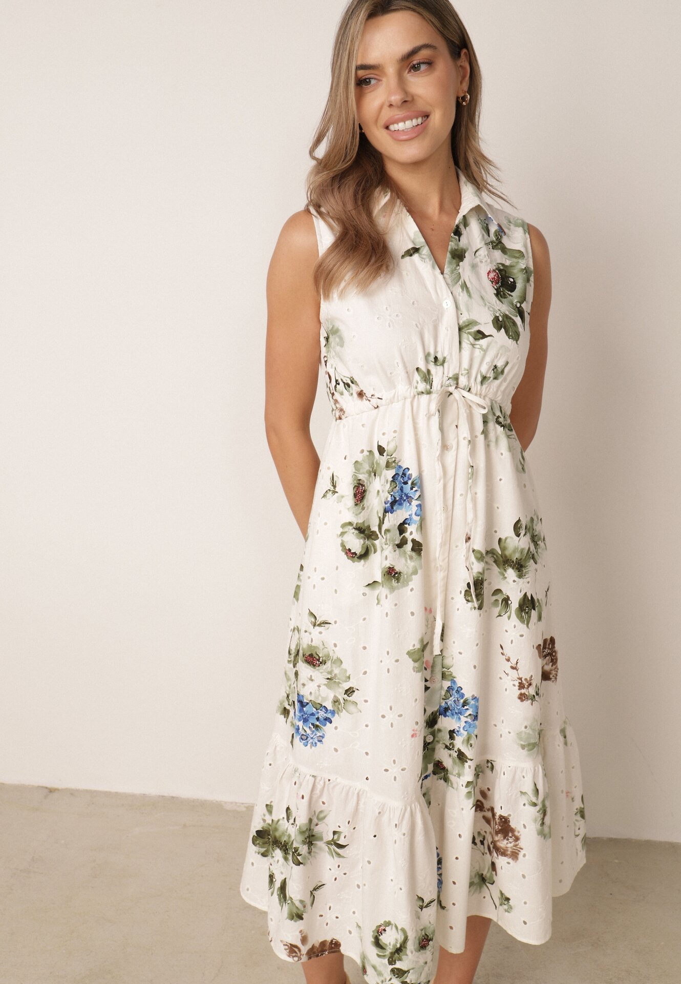 Rochie-cămașă din bumbac fără mâneci cu broderie și tip cravată Mesoya Verde