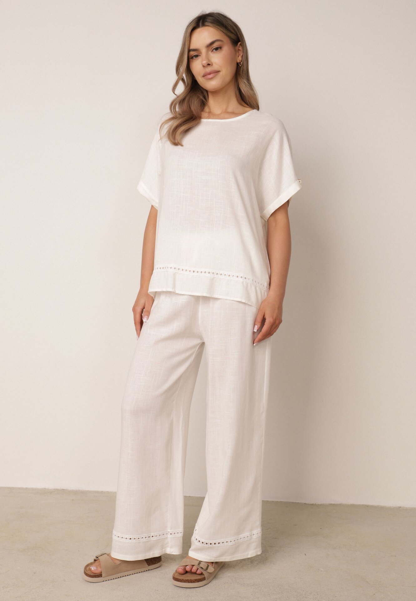 Set de vară cu viscoză și in, bluză liliac și pantaloni Gelasio Alb