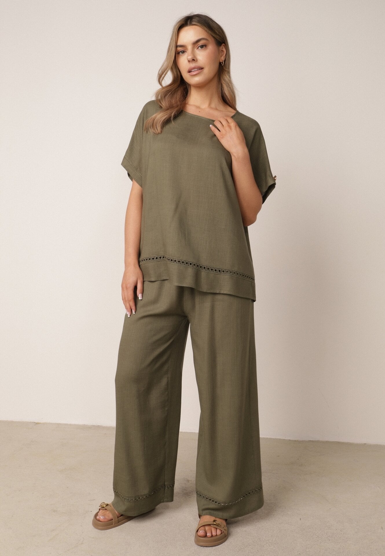 Set de vară cu viscoză și in, bluză liliac și pantaloni Gelasio Verde închis