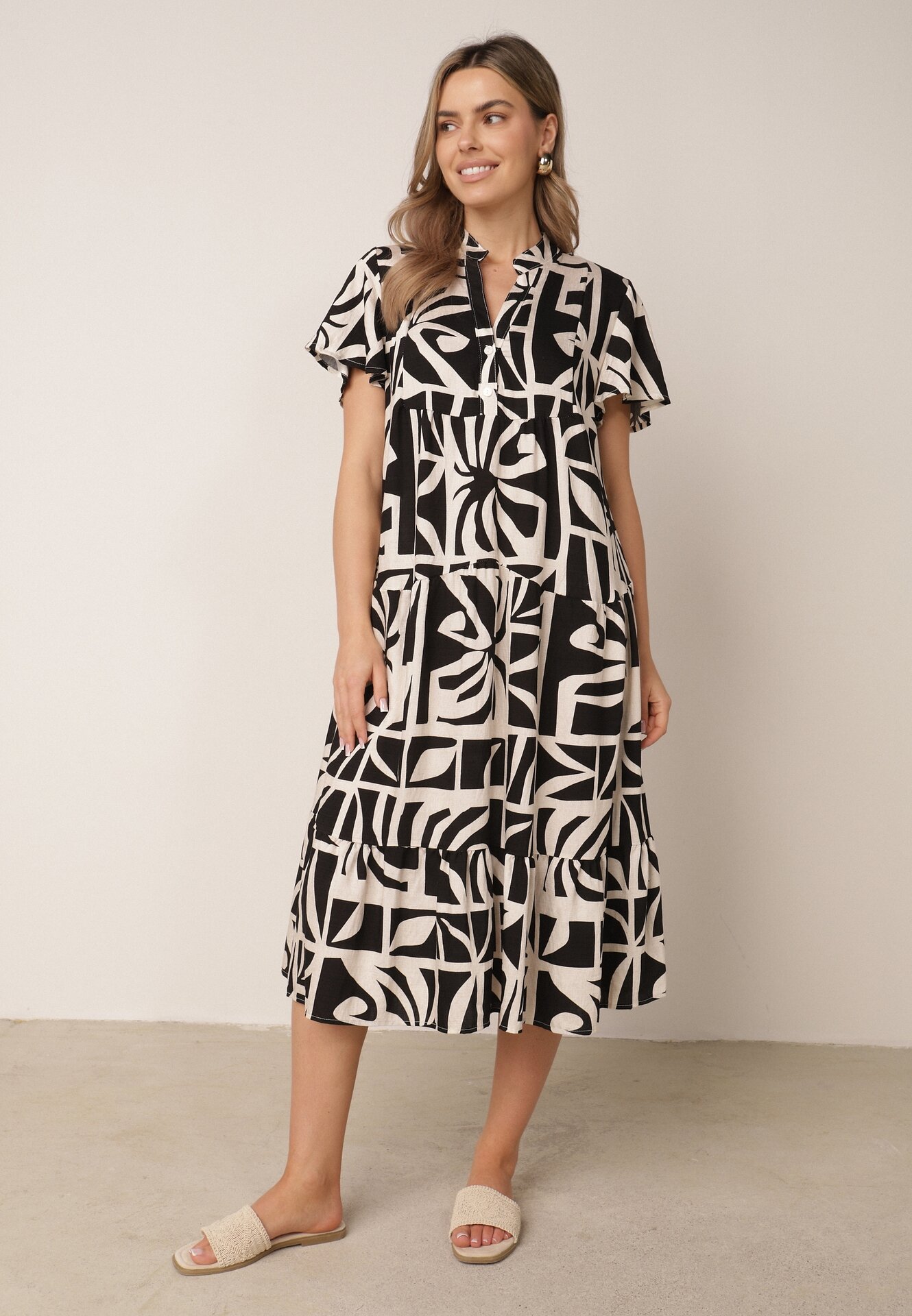 Rochie boxy din viscoză cu model geometric Perante Neagră