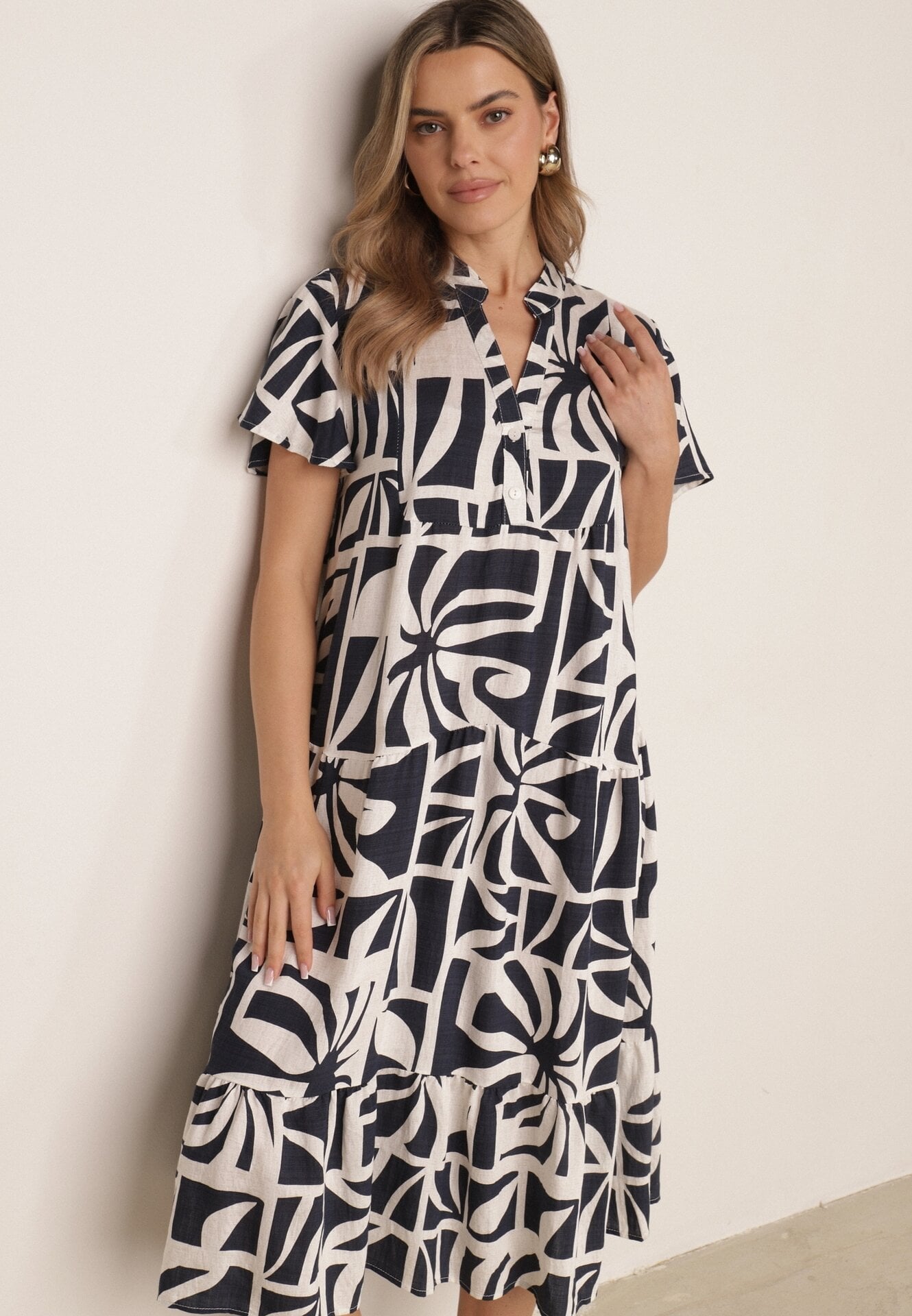 Rochie boxy din viscoză cu model geometric Perante Bleumarin