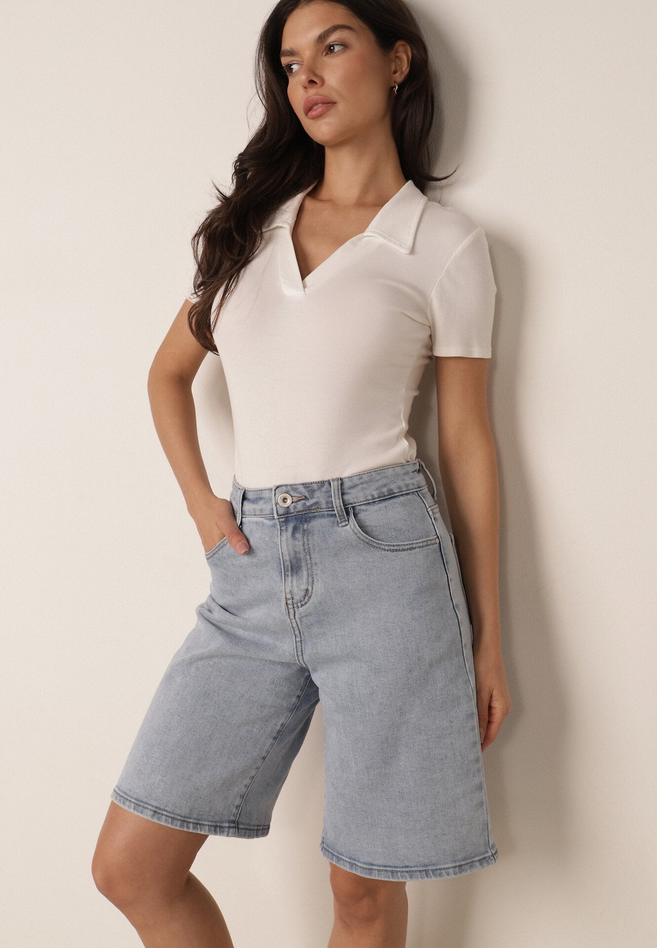 Scurt Casual din denim cu talie înaltă din bumbac Metithe Albastru deschis