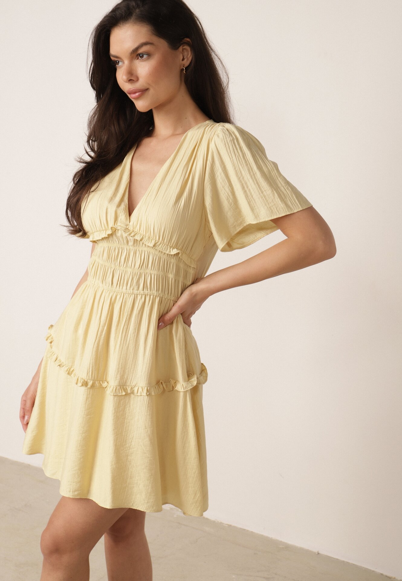 Rochie de vară din vâscoză, evazată, cu talia evidențiată Periore Galbenă