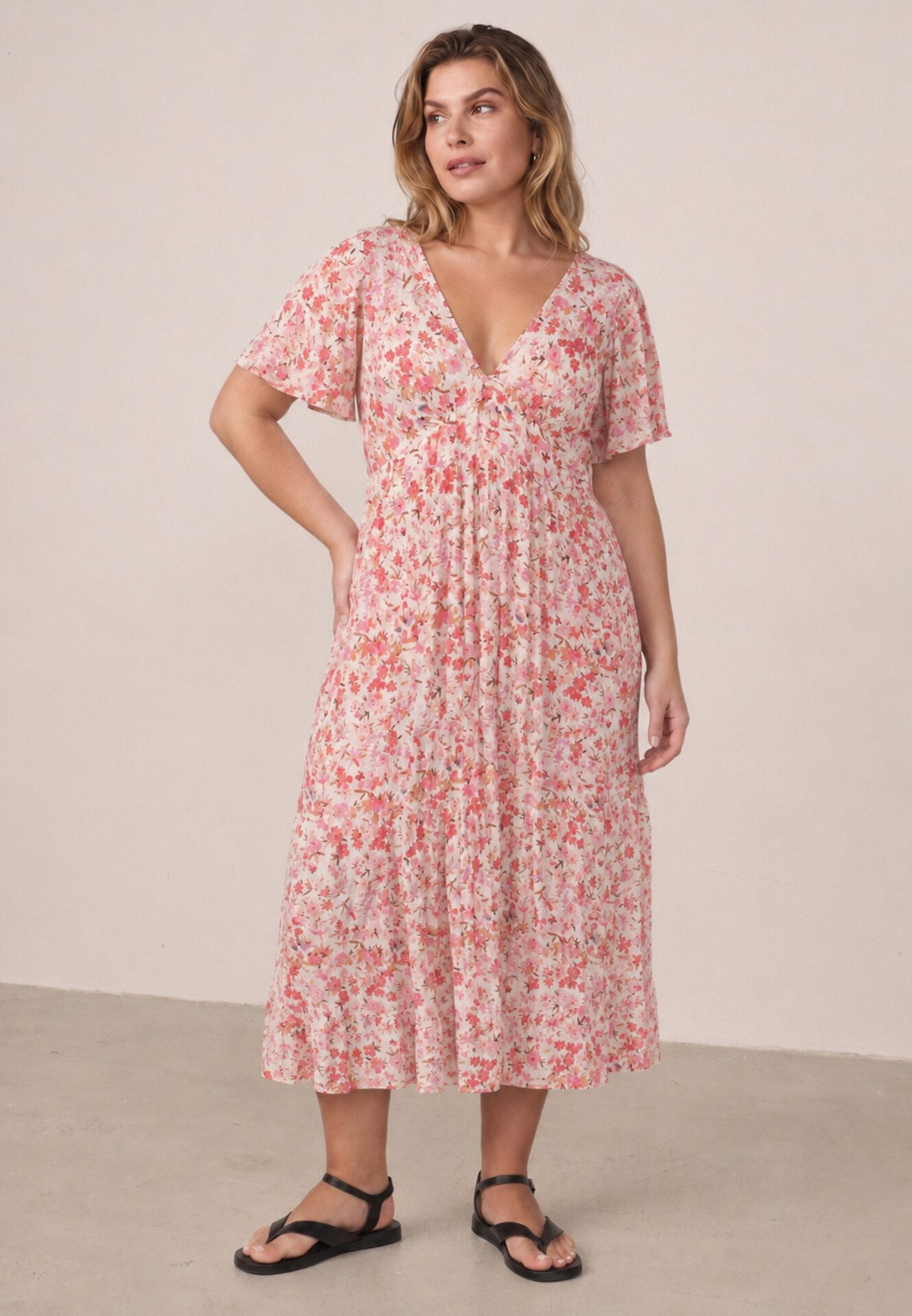 Rochie ajustată casual cu flori și viscoză Myrassa Roz