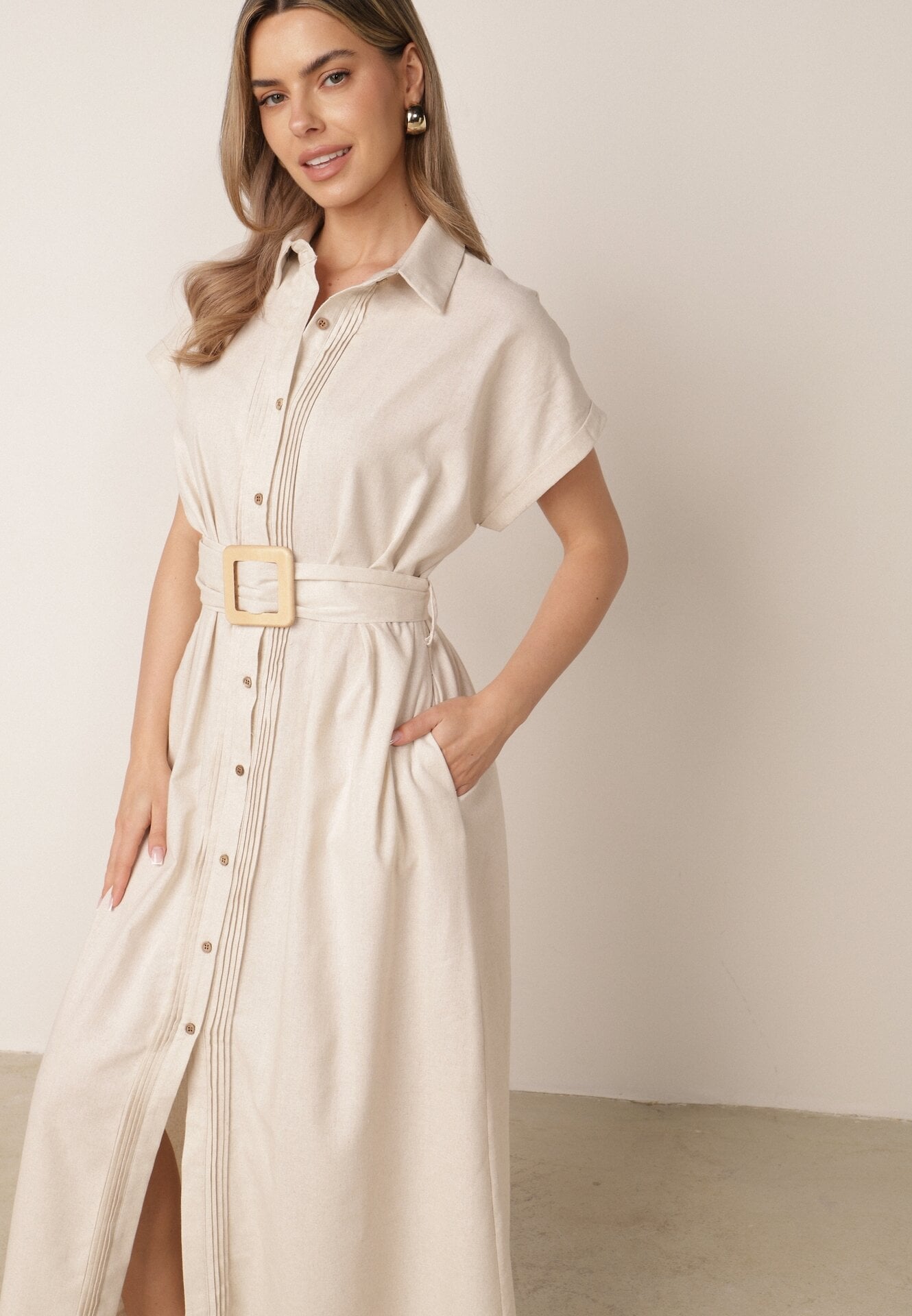Rochie-cămașă din bumbac cu curea în talie și buzunare Semilea Bej
