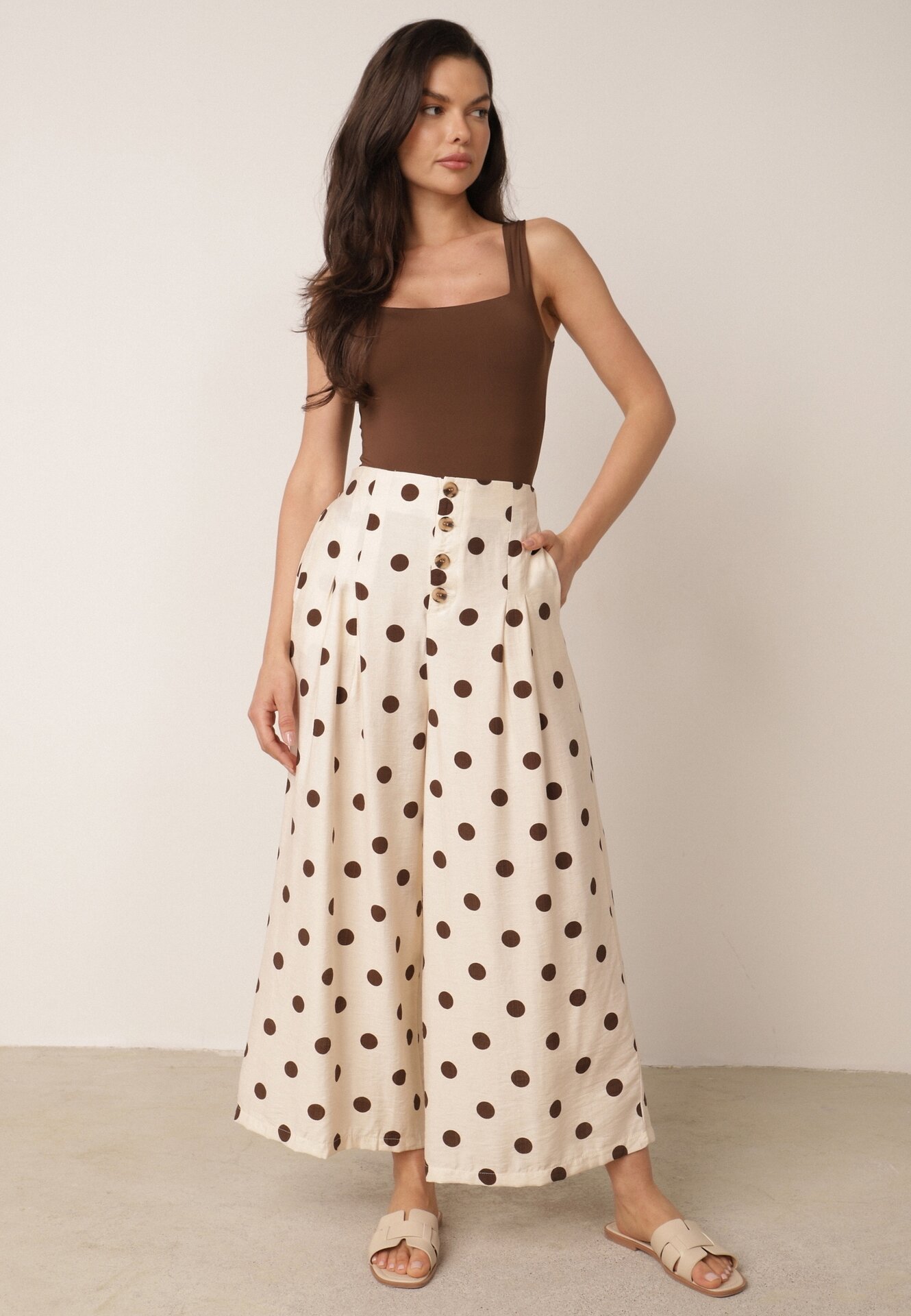 Pantaloni Casual din viscoză, croi culottes, cu puncte Agochis Bej
