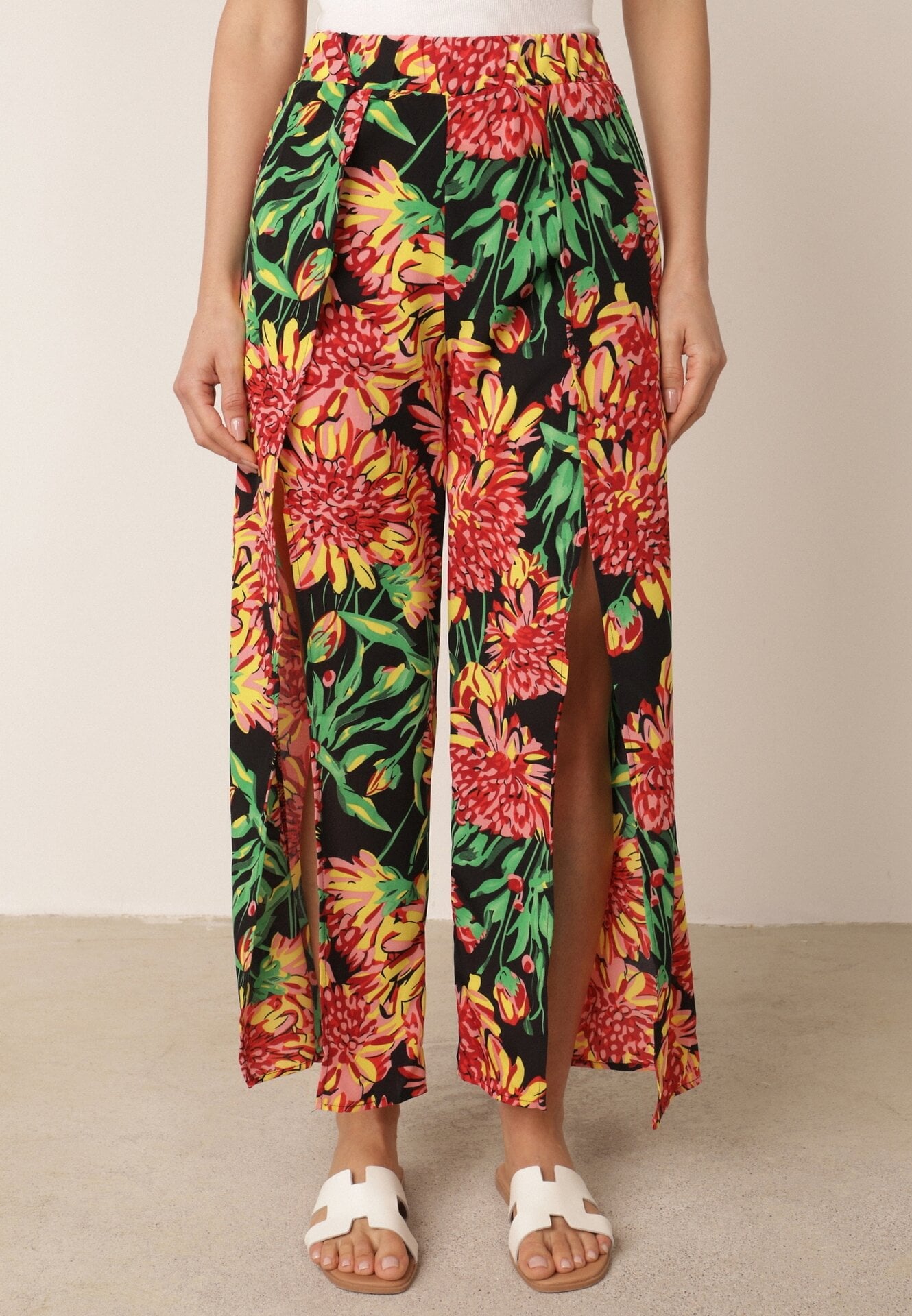 Pantaloni de vară Casual cu model floral și fante la cracii pantalonilor Parthena Negri