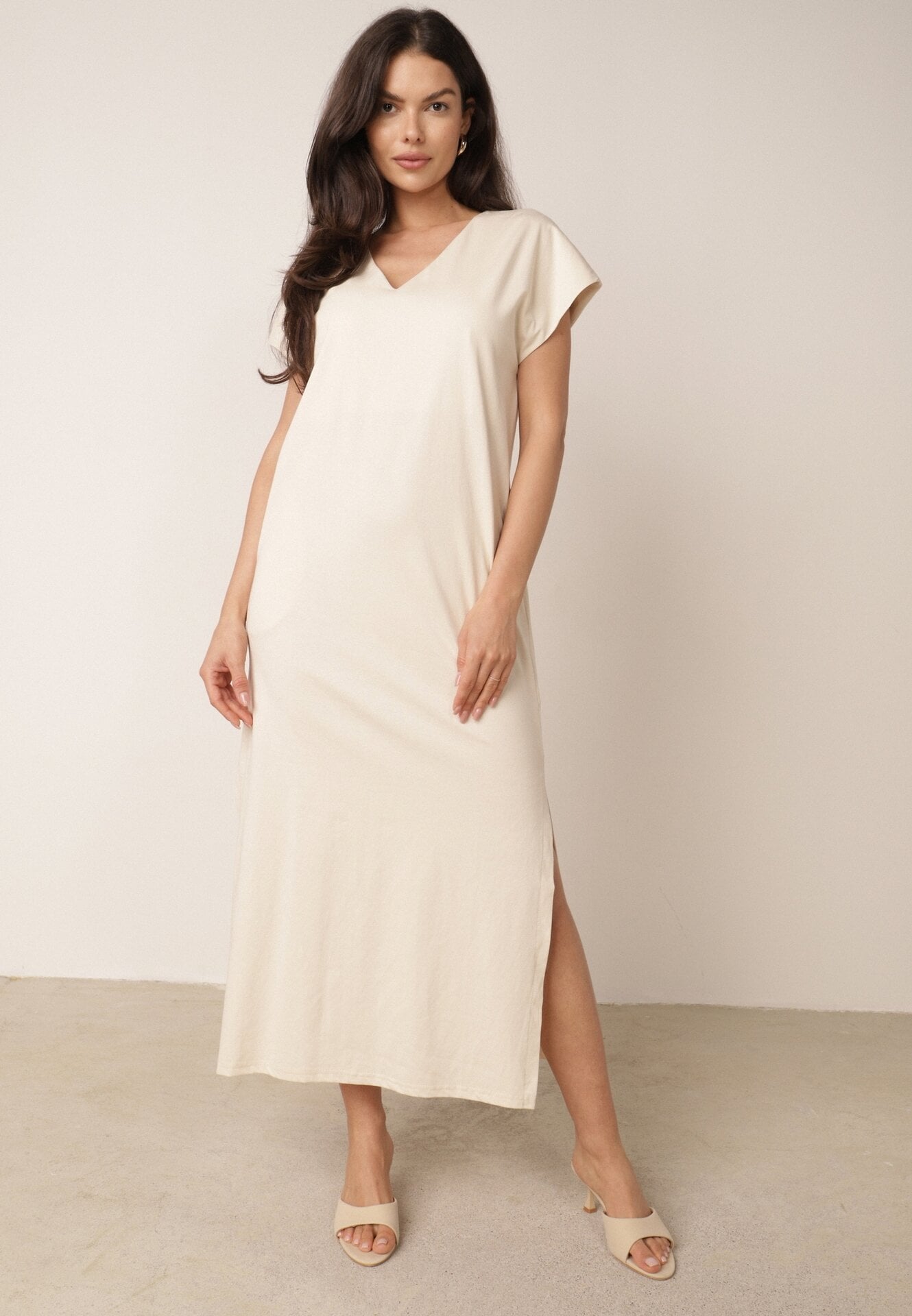 Rochie din bumbac, oversize, cu buzunare Thaelusa Bej