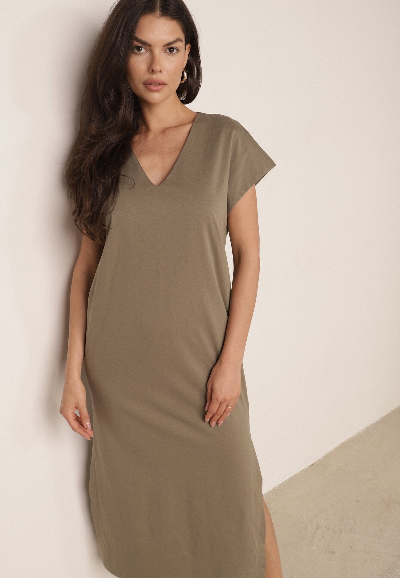 Rochie din bumbac, oversize, cu buzunare Thaelusa Bej închis