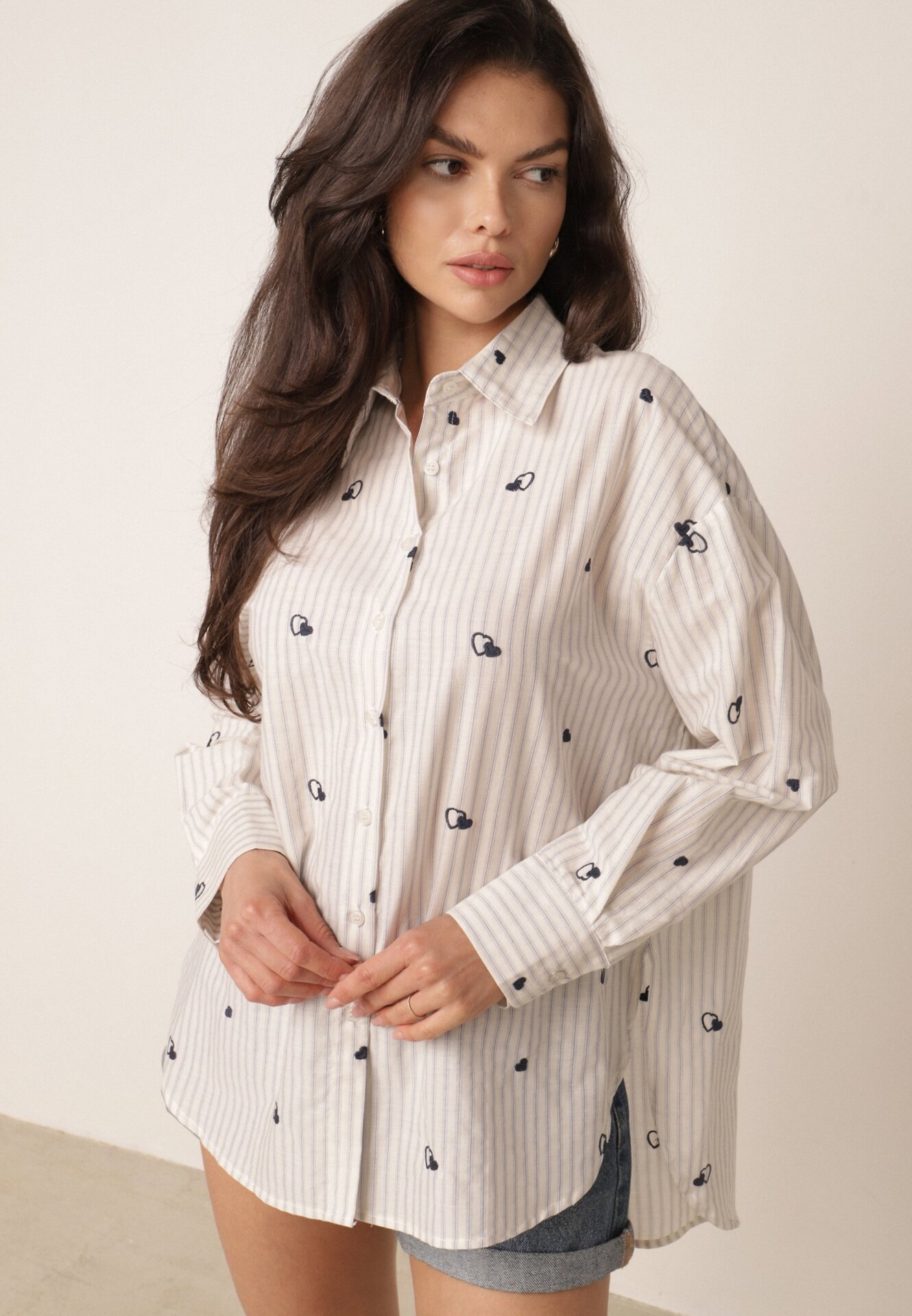 Cămașă de vară din bumbac, croi oversize, cu dungi și broderie Deinaris Albastră