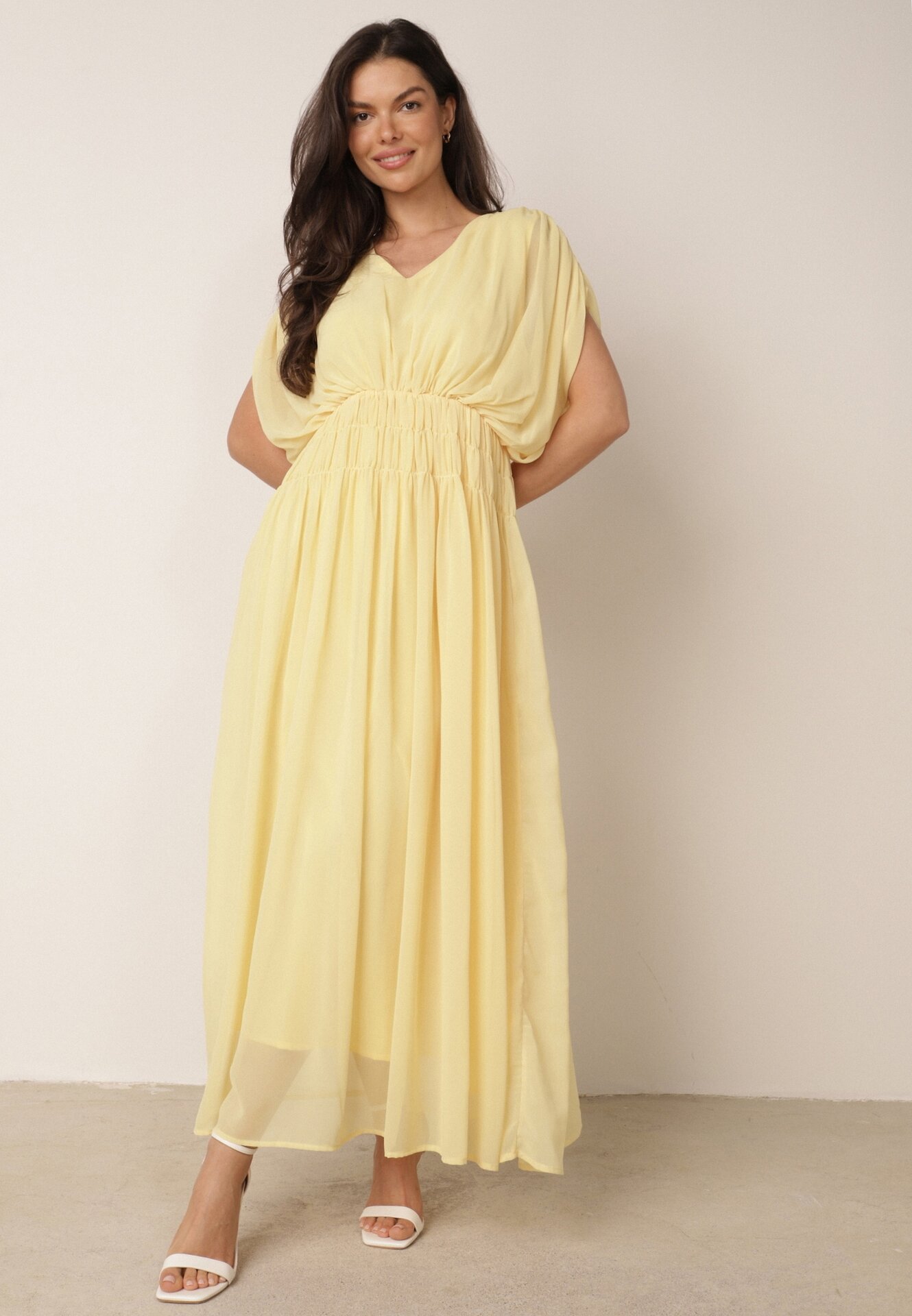 Rochie evazată de seară în stil eteric Megania Galbenă