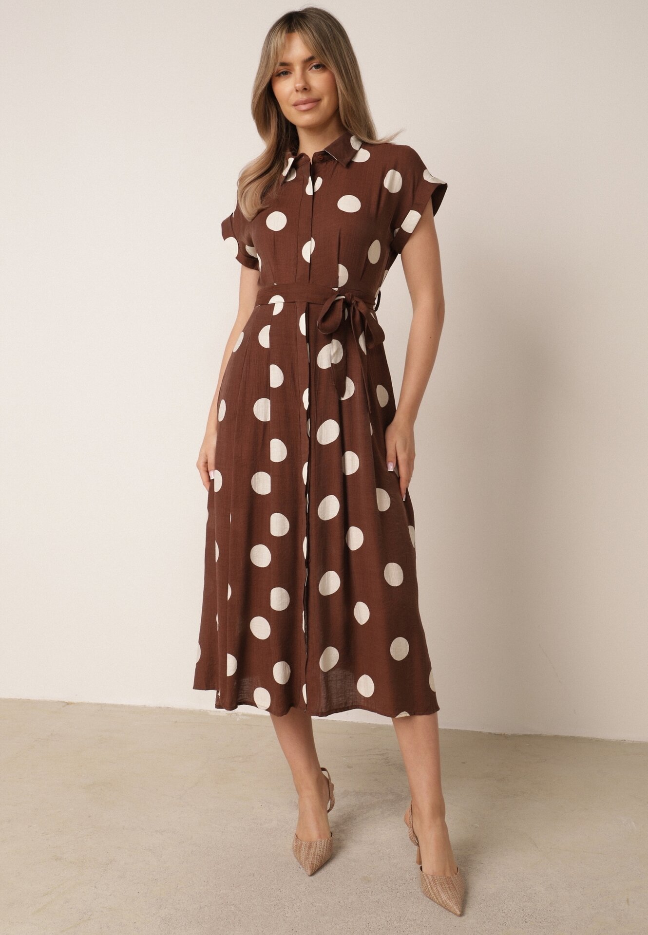 Rochie-cămașă evazată din vâscoză cu buline, retro Deliala Maro