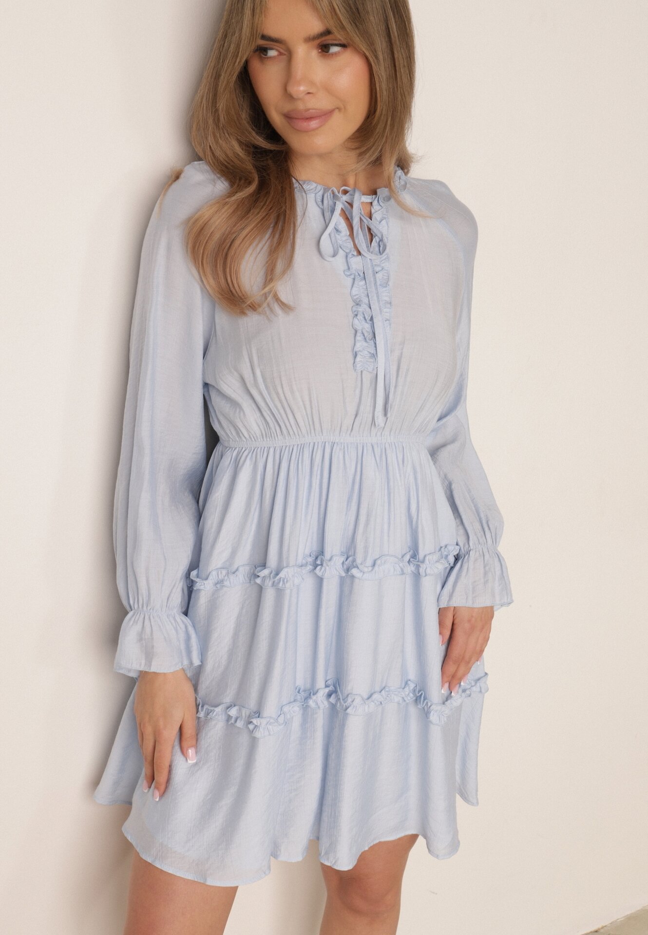Rochie de vară din viscoză în stil Boho cu volănașe și tip cravată Barpea Albastru deschis
